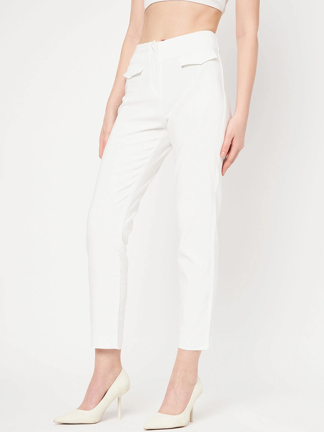 Quick Adjust Fit Non Tapered Leg Madame White Solid Trouser