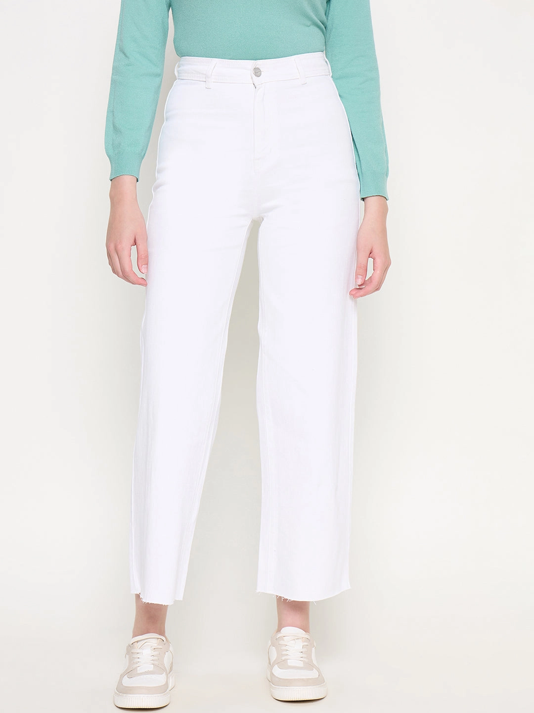 Breathable Feel Madame White Wide Leg Cotton Blend Denim