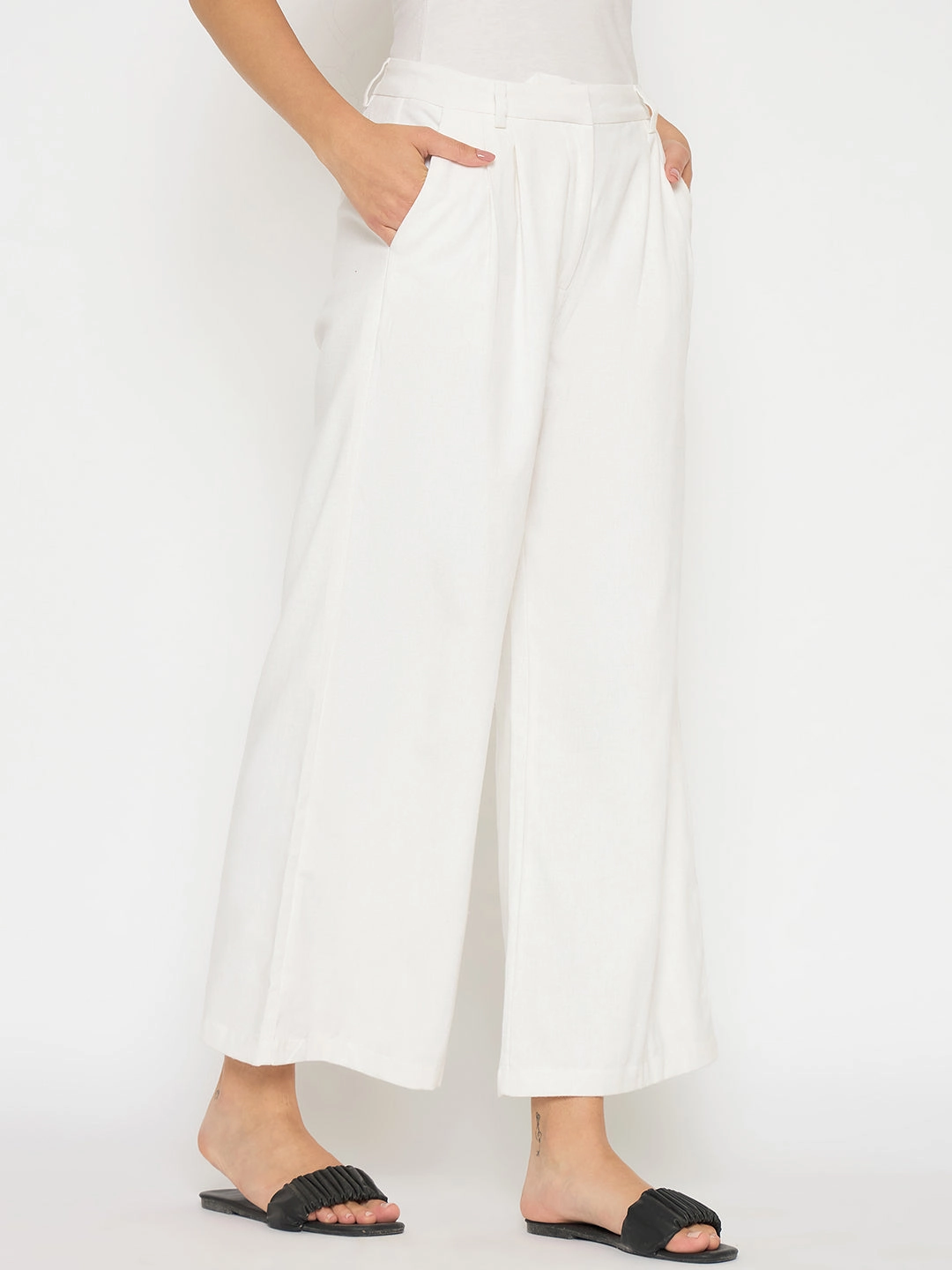 Madame Wide Leg White Rayon Blend Trousers Casual Performance Wear Non Slip Waistband