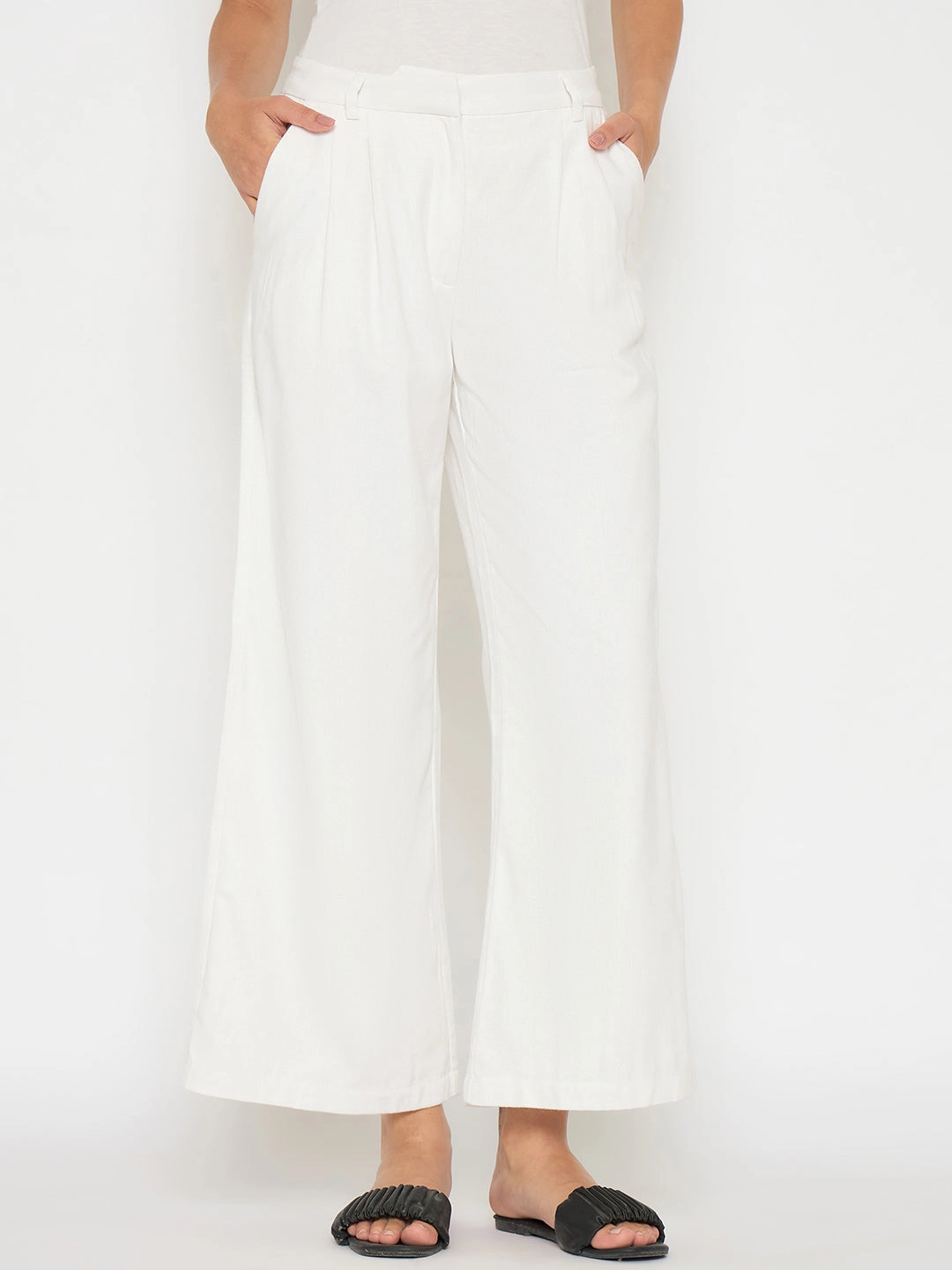 Madame Wide Leg White Rayon Blend Trousers Relaxed Waist Chic Comfort