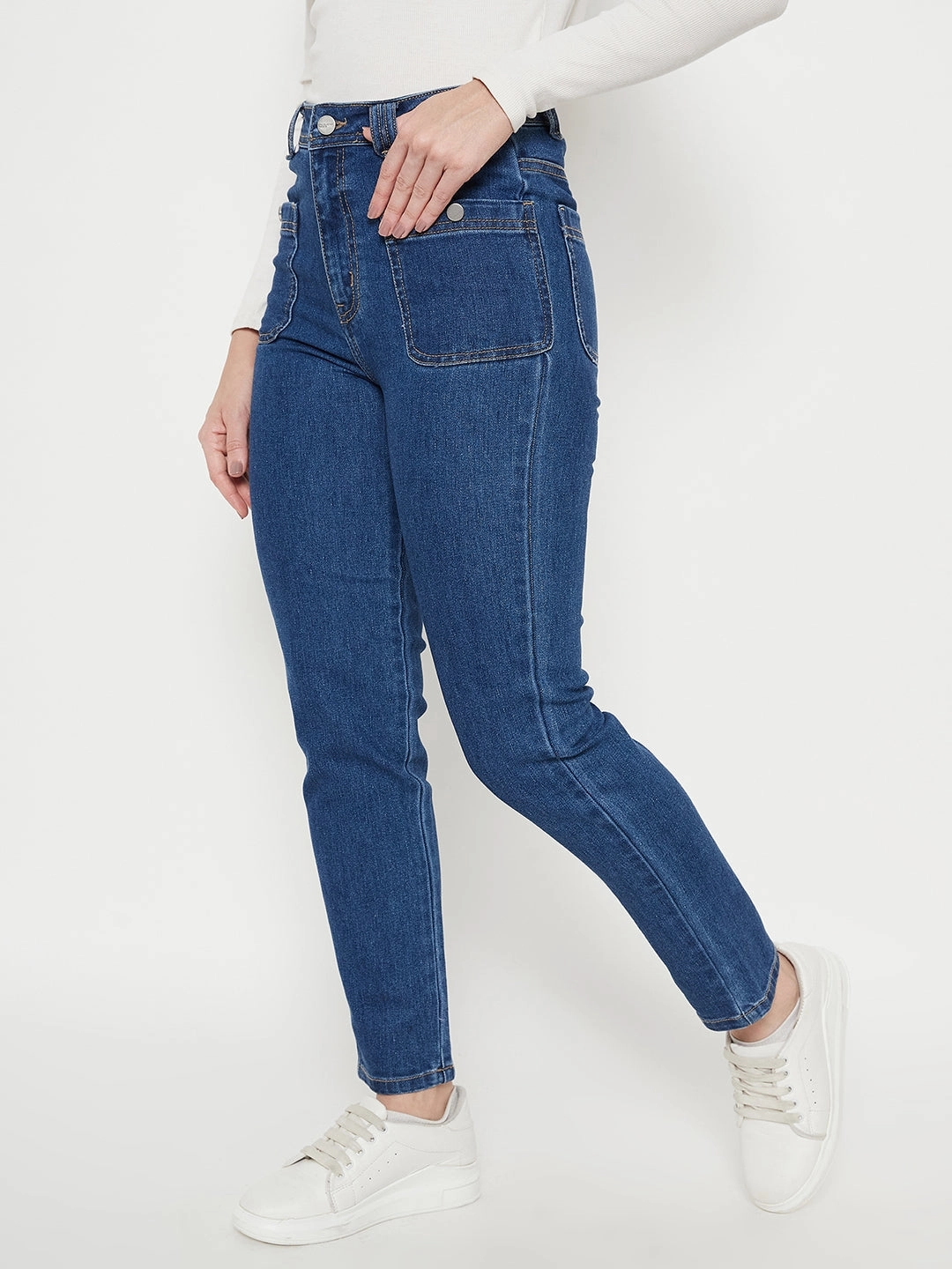 Madame Women Solid Dark Blue Jeans Office Wear Modern Rainy Day