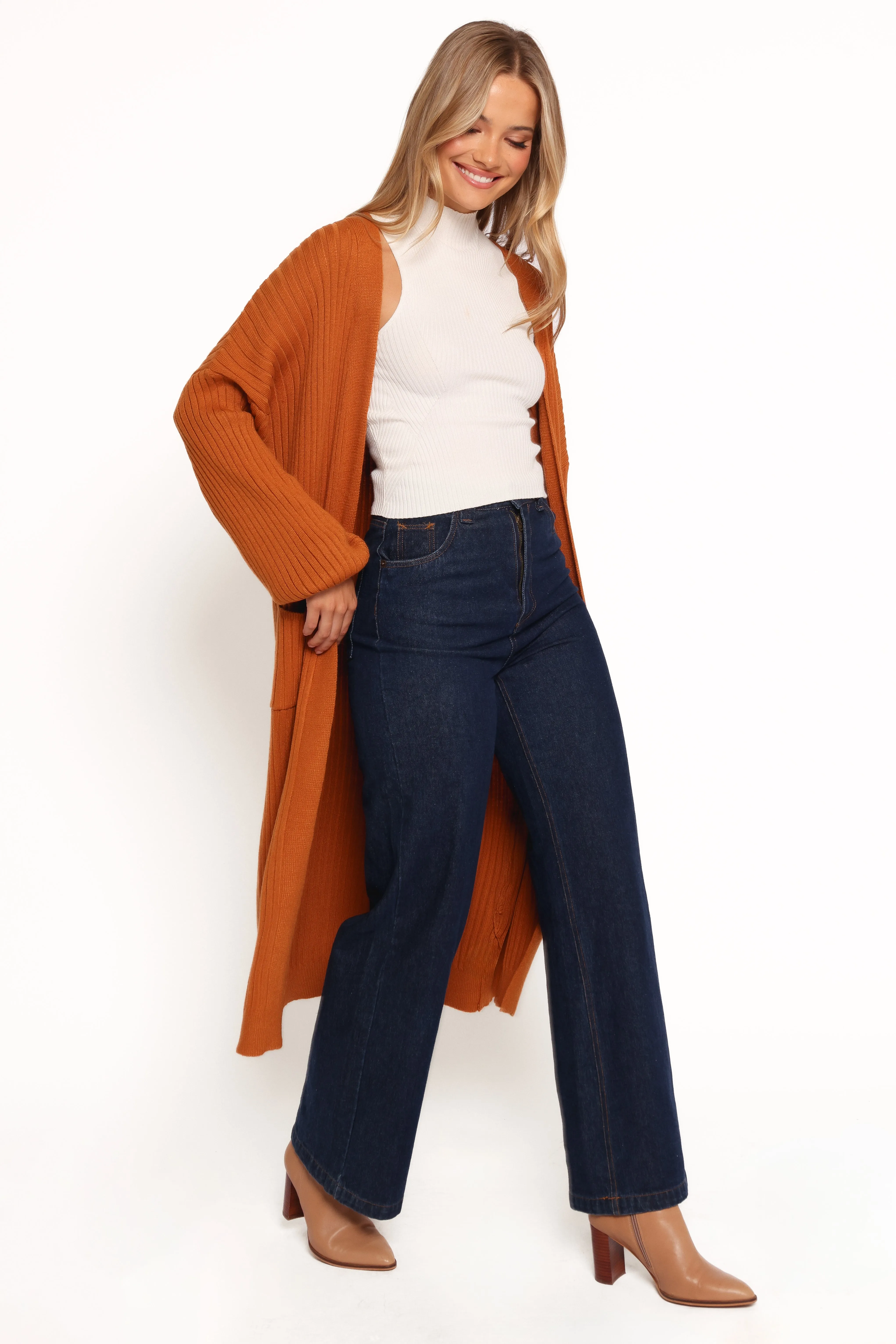 Makenna Long Open Front Cardigan - Rust Chill Vibe Durable Blend