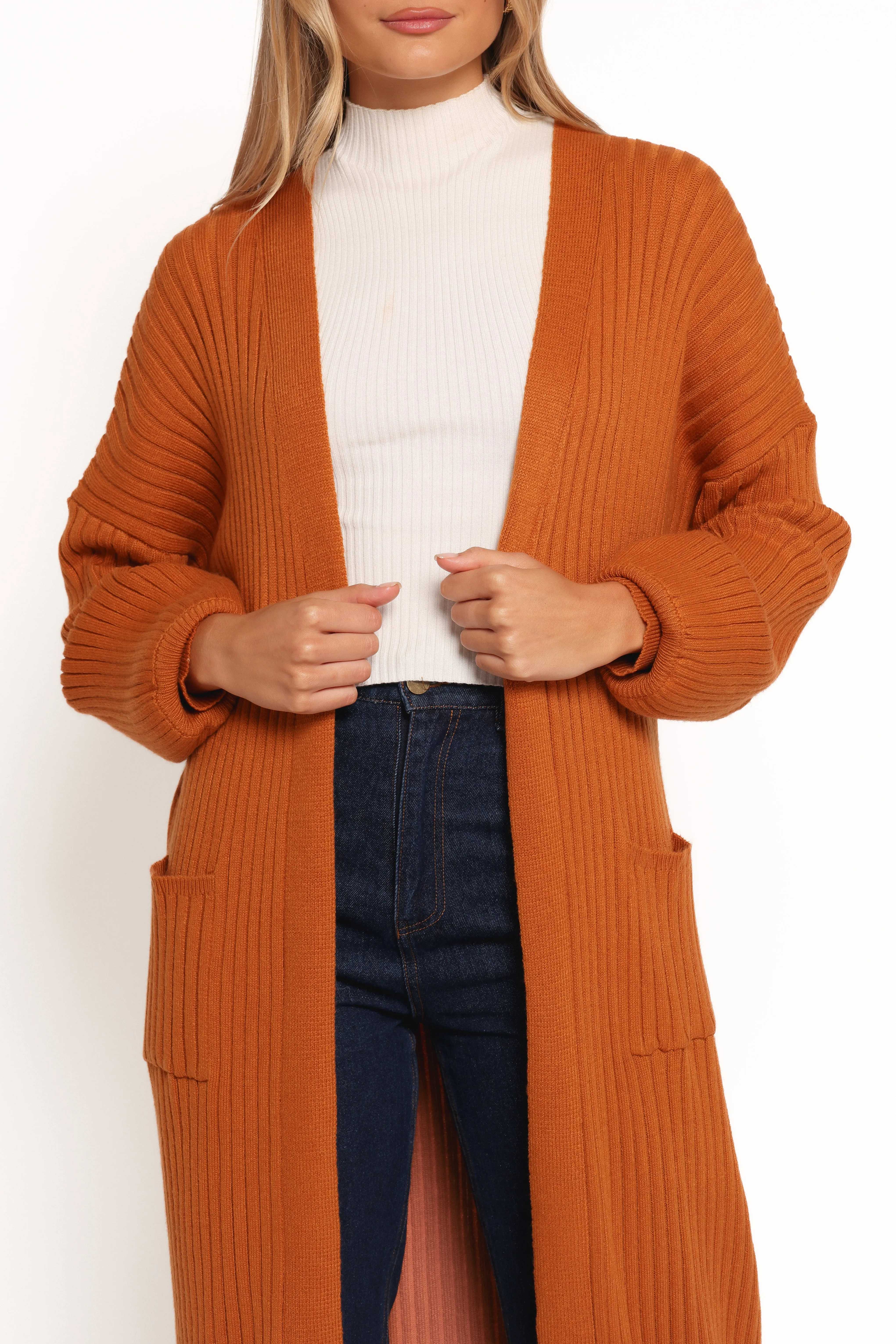 No Fuss Ribbed Edging Makenna Long Open Front Cardigan - Rust