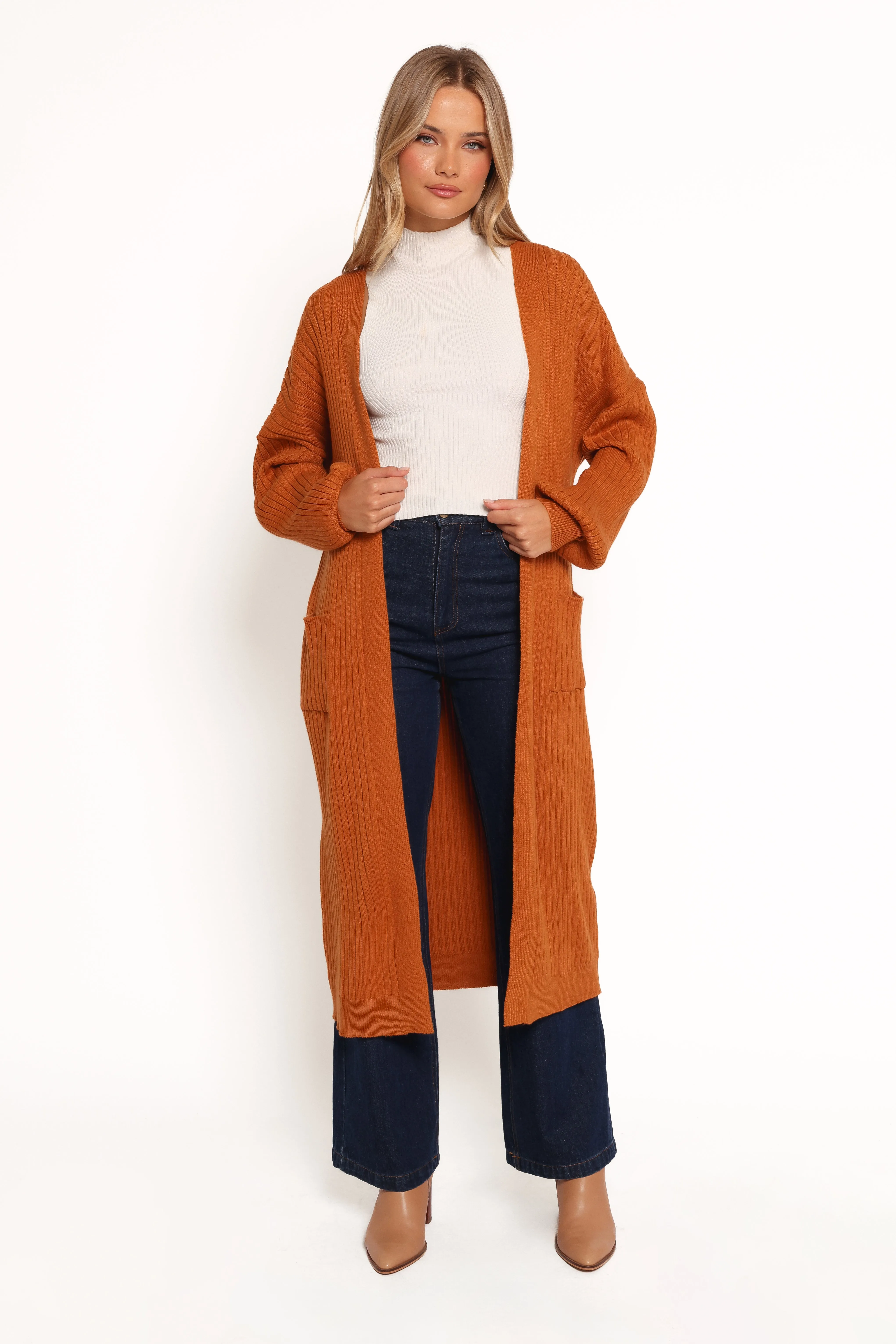 Stretchable Material Garment Dyed Process Makenna Long Open Front Cardigan - Rust