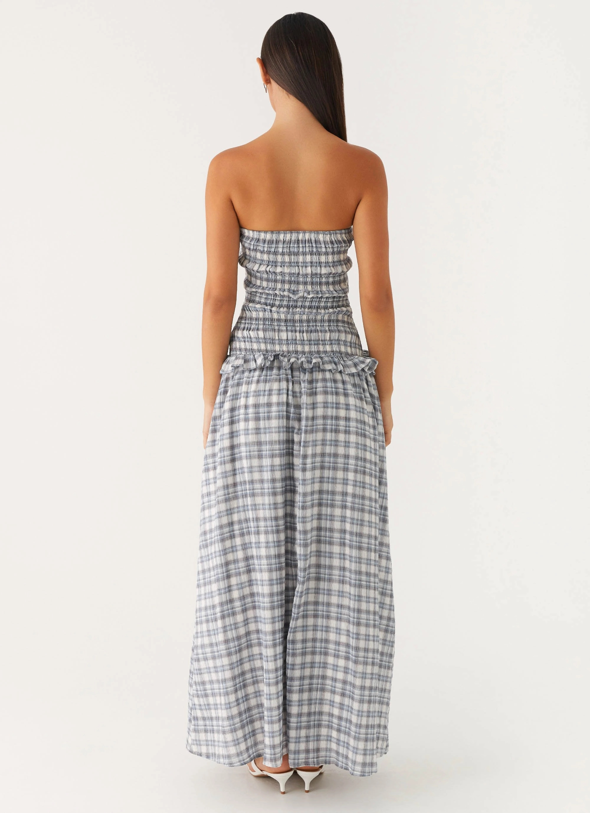 Thermal-Lined Joyful Look Malia Shirred Maxi Dress - Blue Grey Check