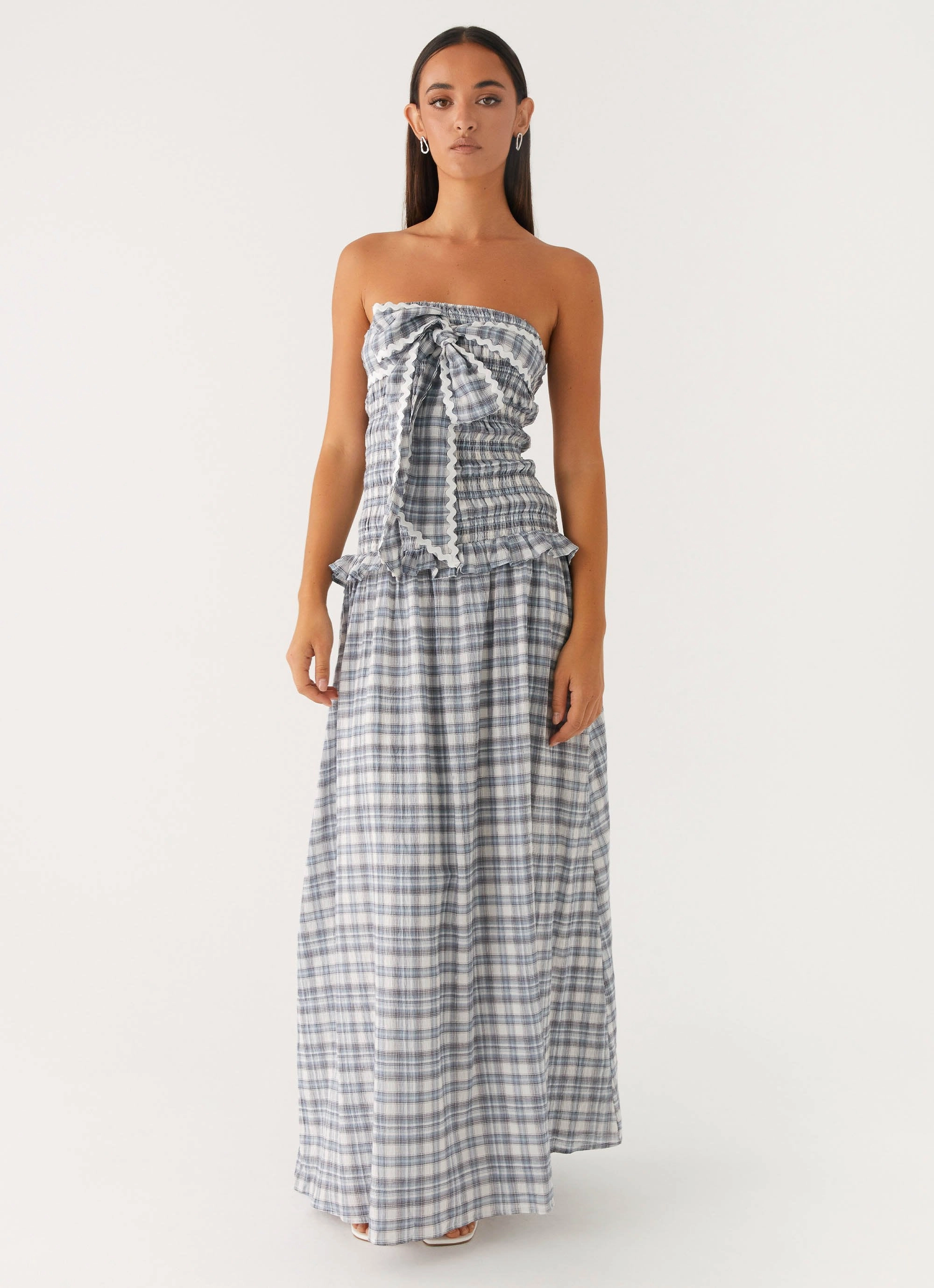 Versatile Wear Malia Shirred Maxi Dress - Blue Grey Check