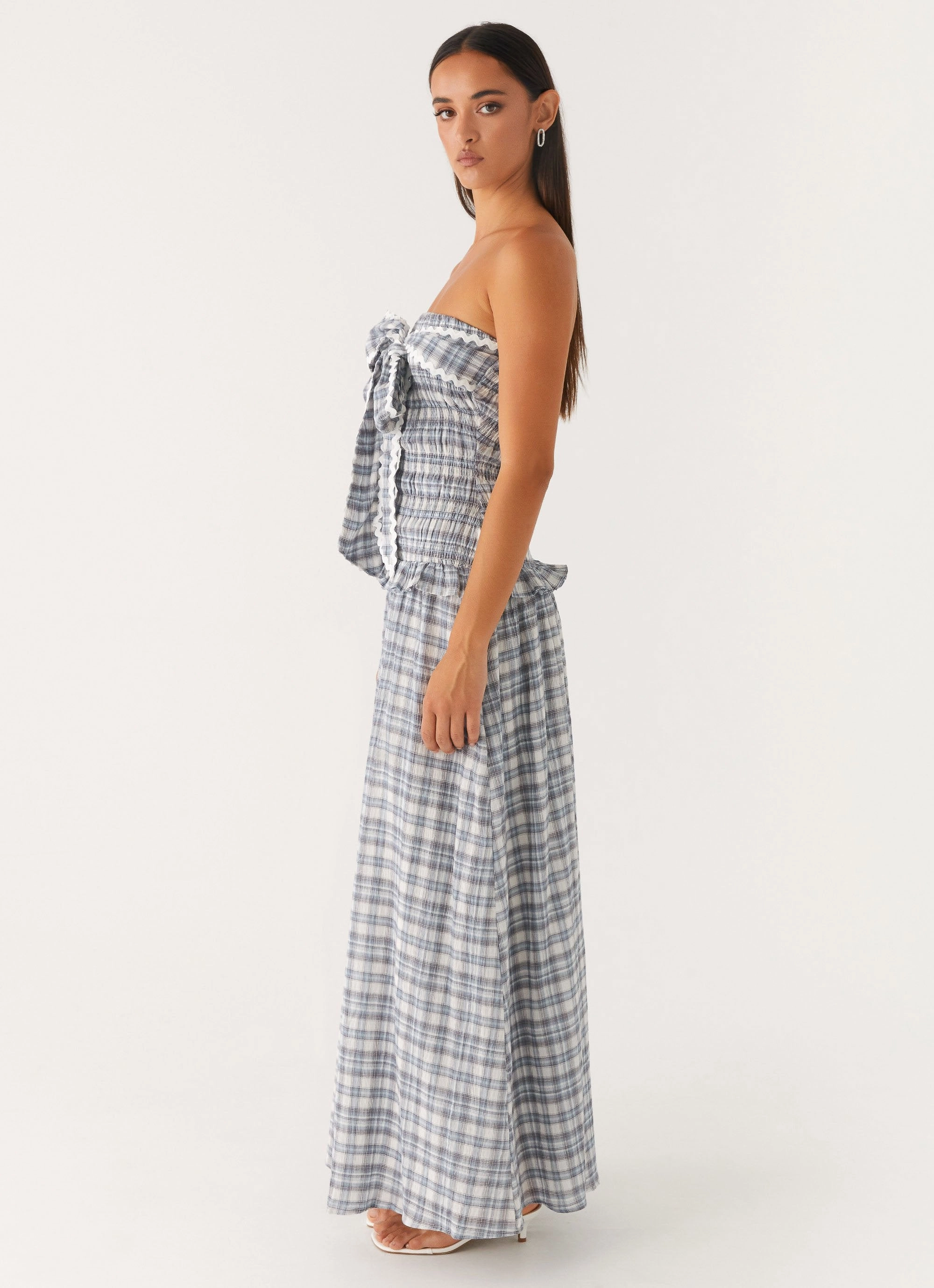 Perfect Wearable Malia Shirred Maxi Dress - Blue Grey Check