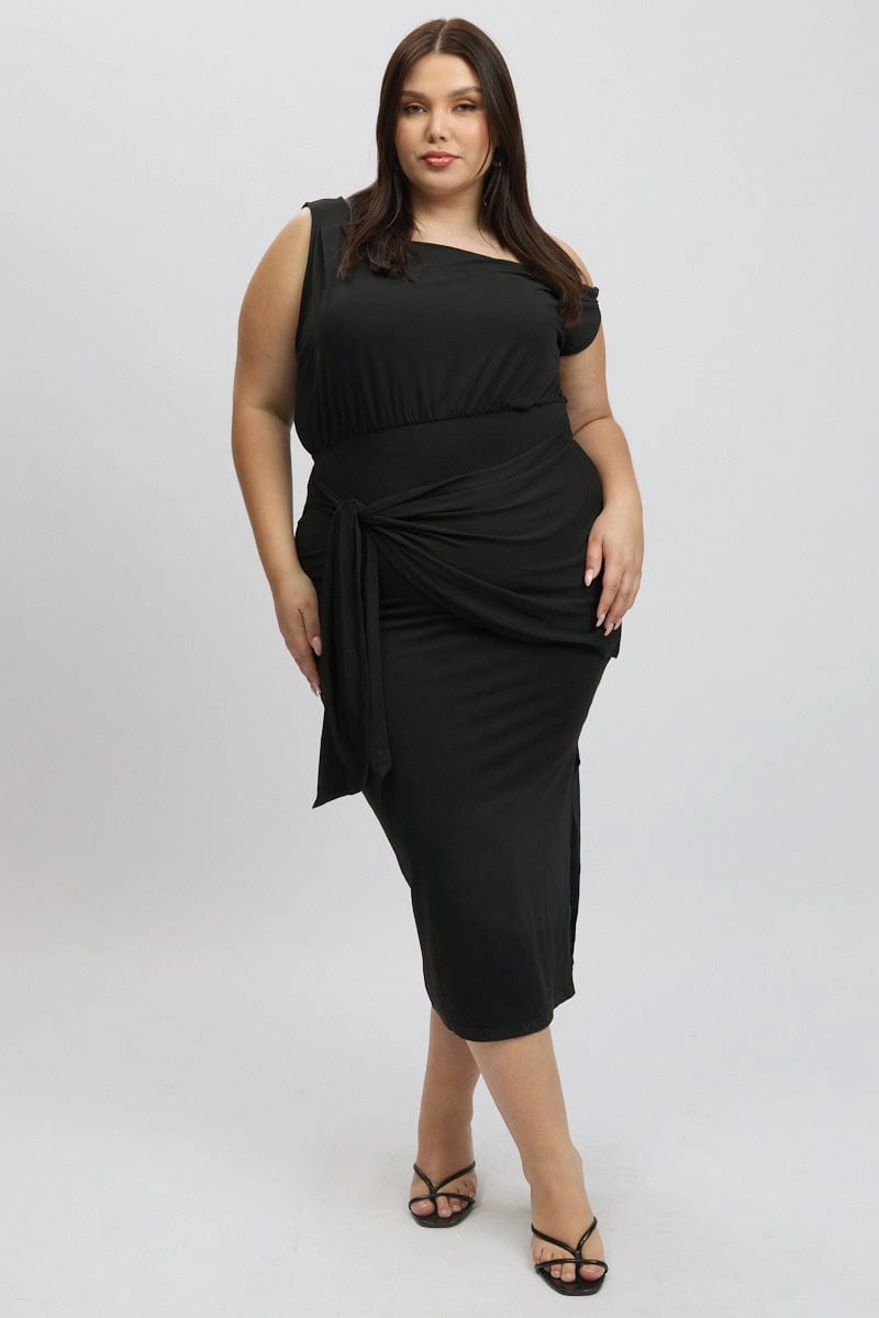 Black Tie Front Asymmetric Off Shoulder Dress Modern Cut