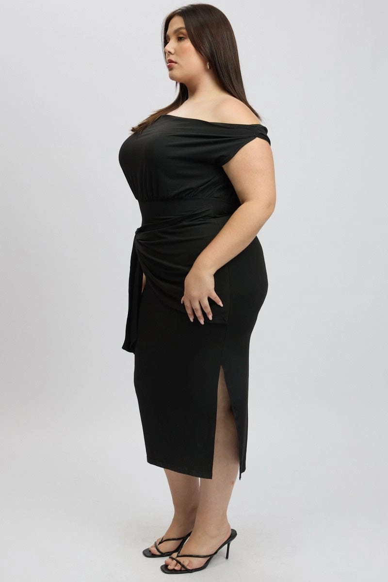 Black Tie Front Asymmetric Off Shoulder Dress All Look