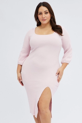 Pink Midi Dress Long Balloon Sleeve Sexy Split Knit Casual Core
