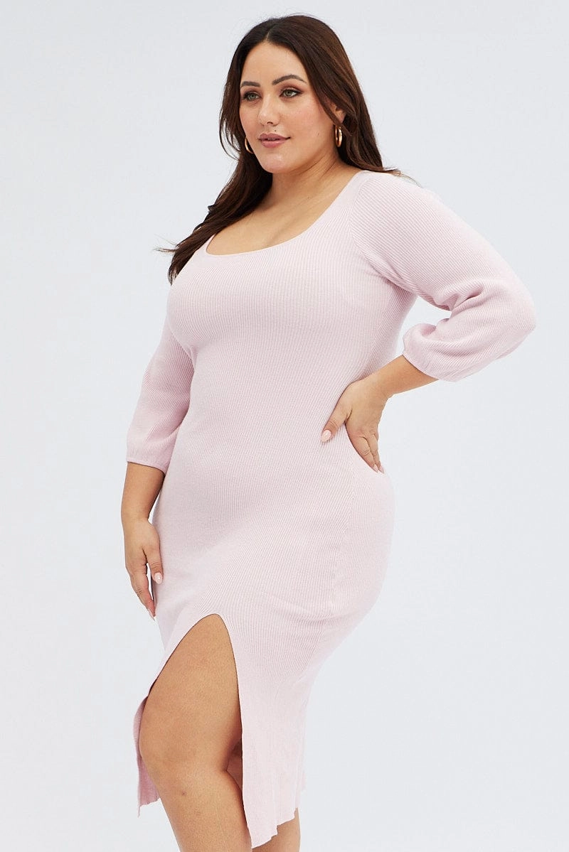 Boho Aesthetic Halter-Neck Pink Midi Dress Long Balloon Sleeve Sexy Split Knit