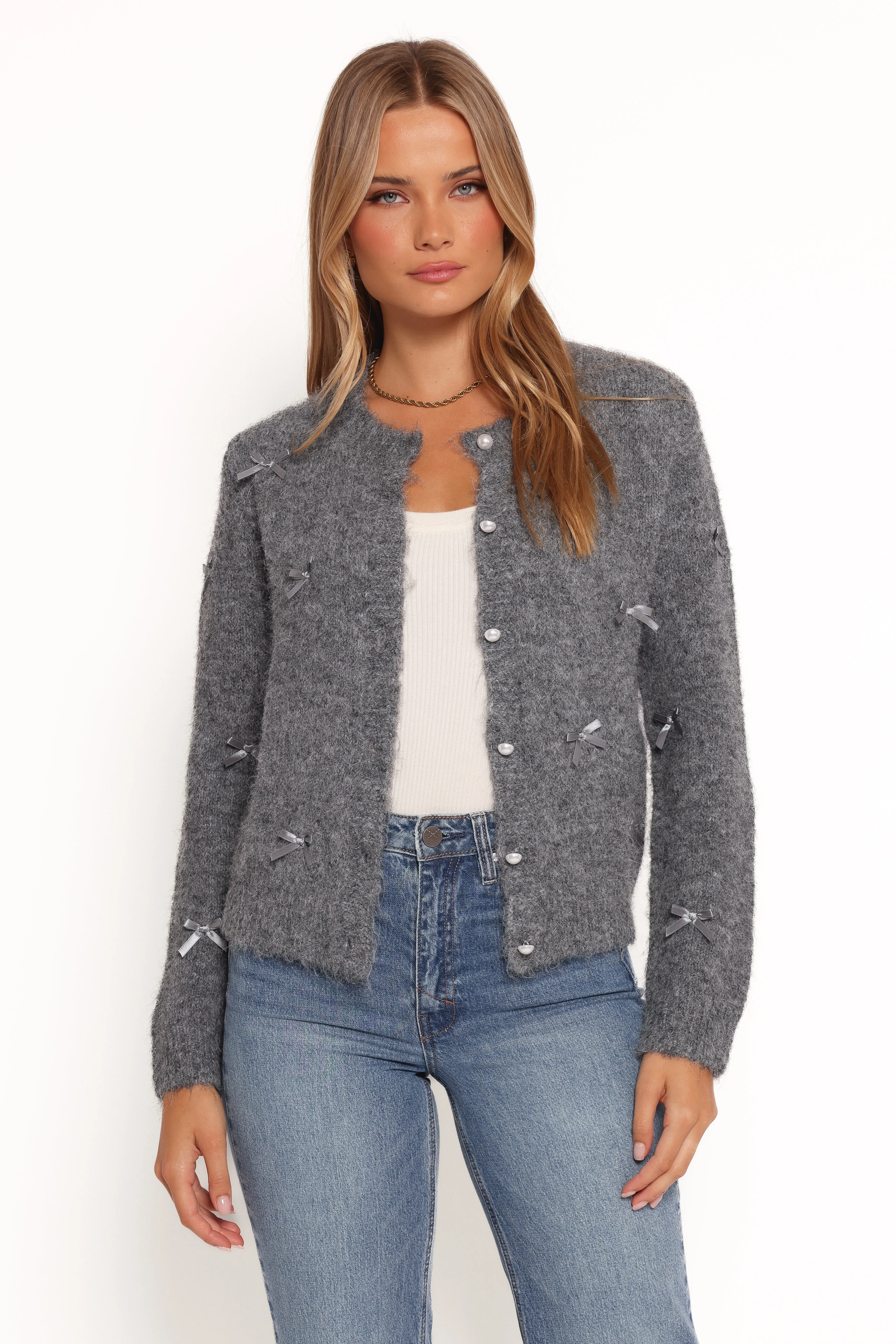 AntiStatic Yarn MultiDirectional Elasticity Mellie All Over Bow Button Front Cardigan - Grey