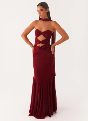 Melrose Satin Chiffon Maxi Dress - Deep Red Soft Shine