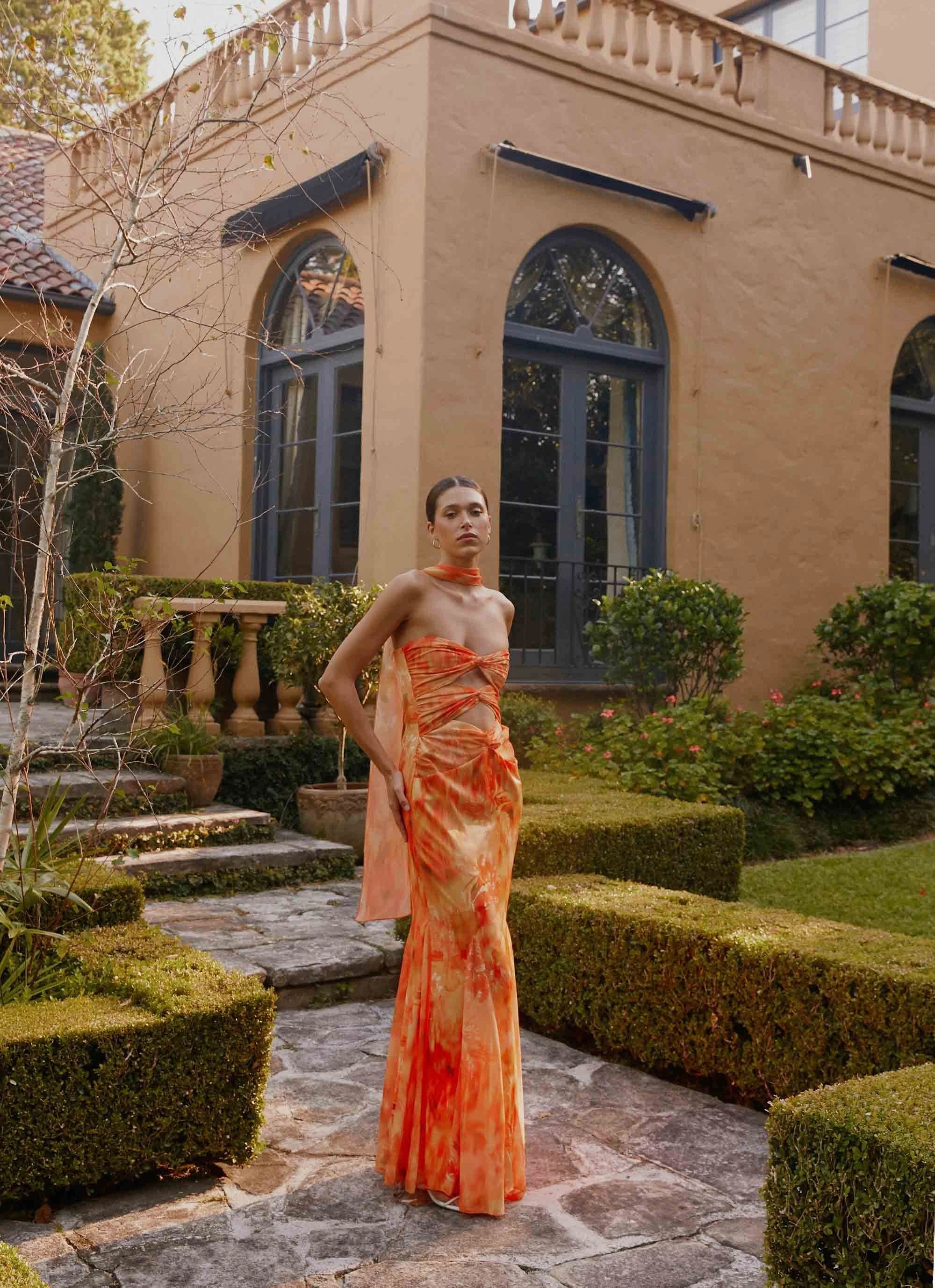 Melrose Satin Chiffon Maxi Dress - Sunset Floral Versatile Comfort Wear