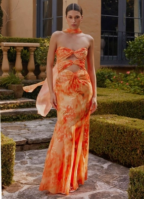 Walkable Flow Mermaid-Hem Melrose Satin Chiffon Maxi Dress - Sunset Floral