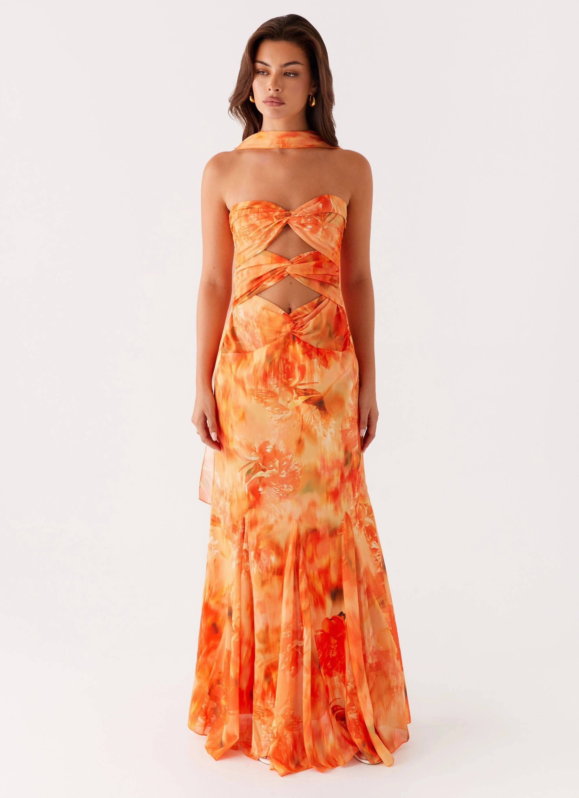 Melrose Satin Chiffon Maxi Dress - Sunset Floral Flattering Waist Design Fit Lounge Feel