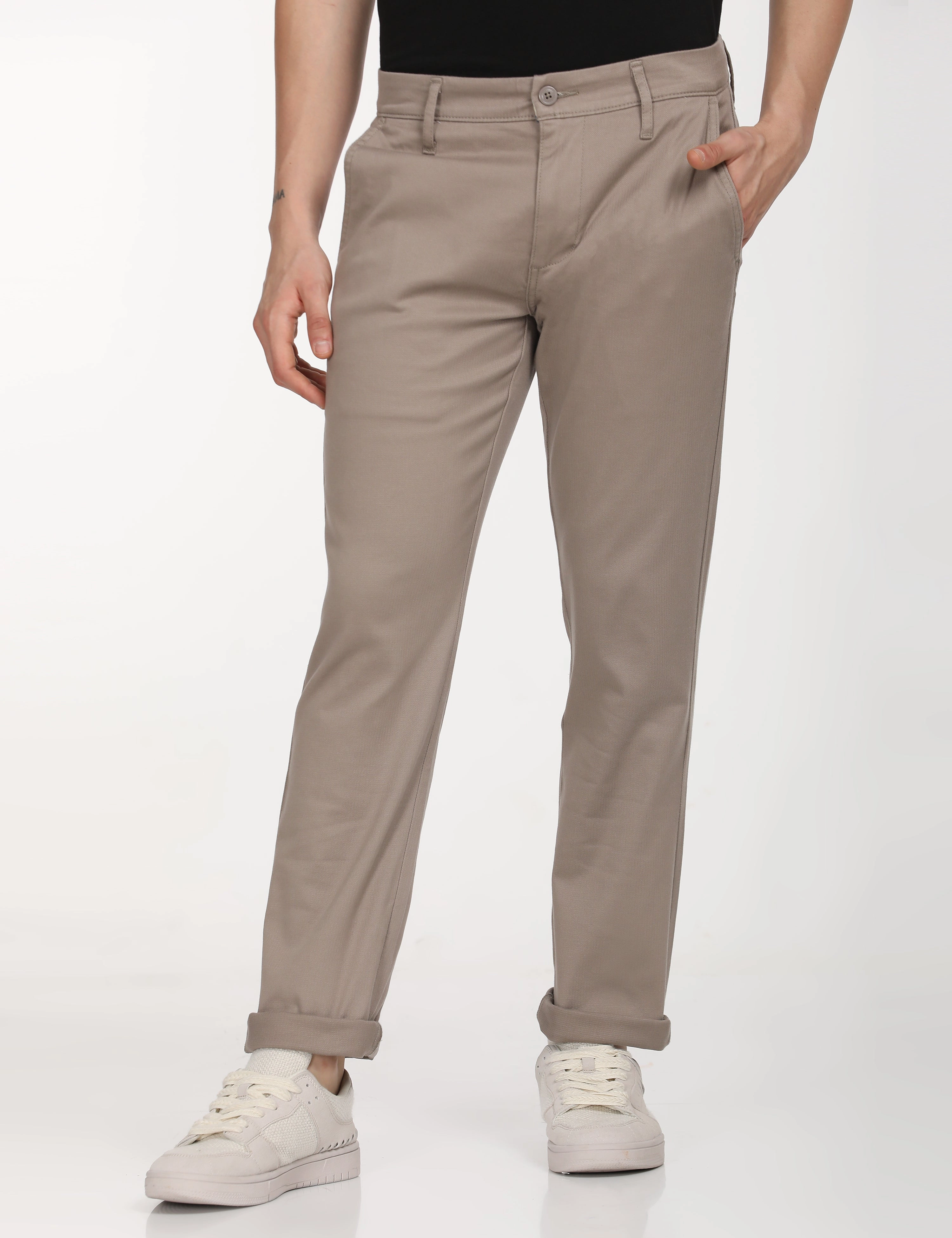 Zip Pocket Men's Beige Slim Fit Chinos