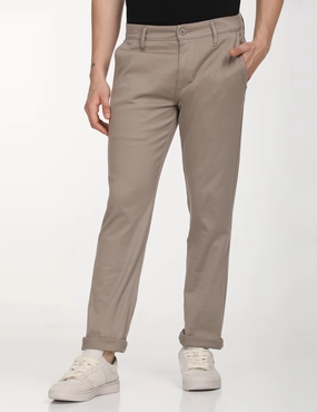 Zip Pocket Men's Beige Slim Fit Chinos