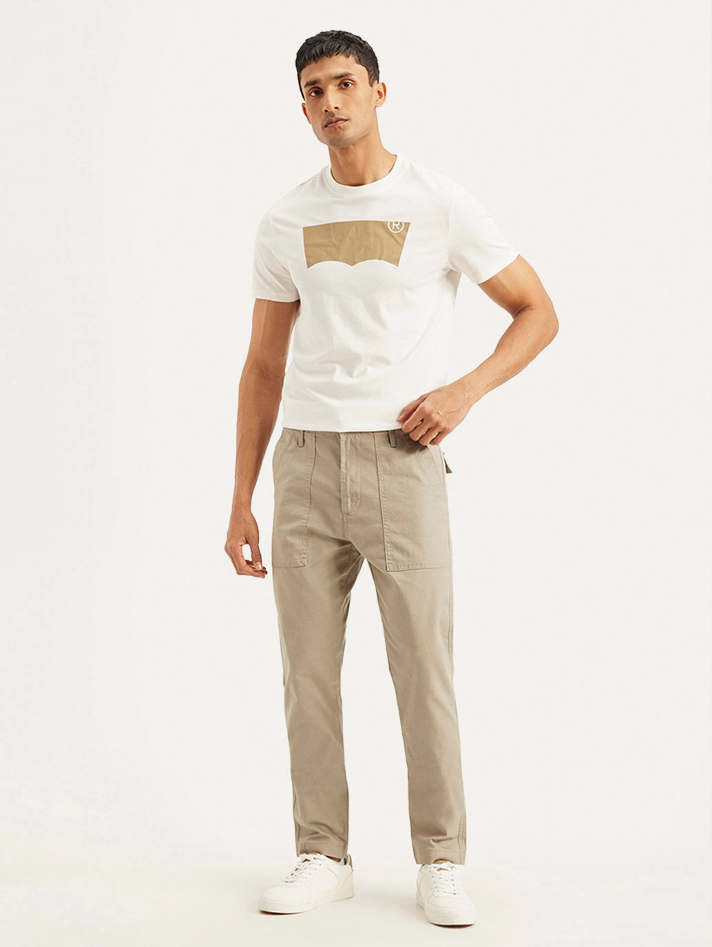 Men's Beige Slim Fit Utility Linen Trousers Sustainable Material Blend