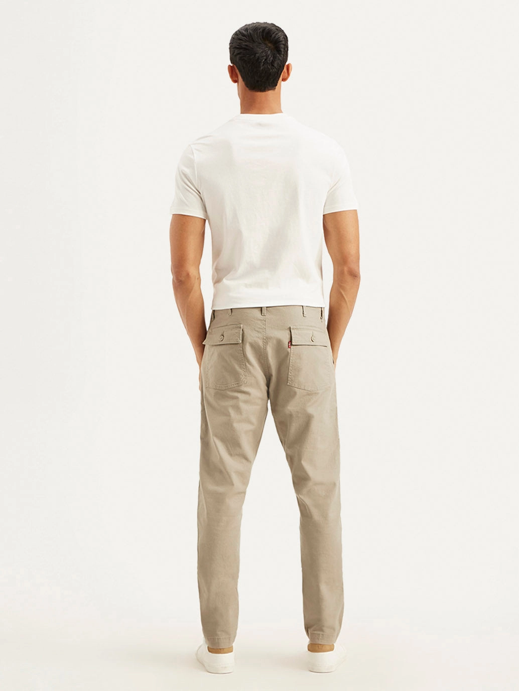 Men's Beige Slim Fit Utility Linen Trousers Low Profile Fasteners