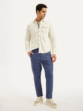 Casual Essentials Men's Blue Slim Tapered Fit Utility Linen Trousers