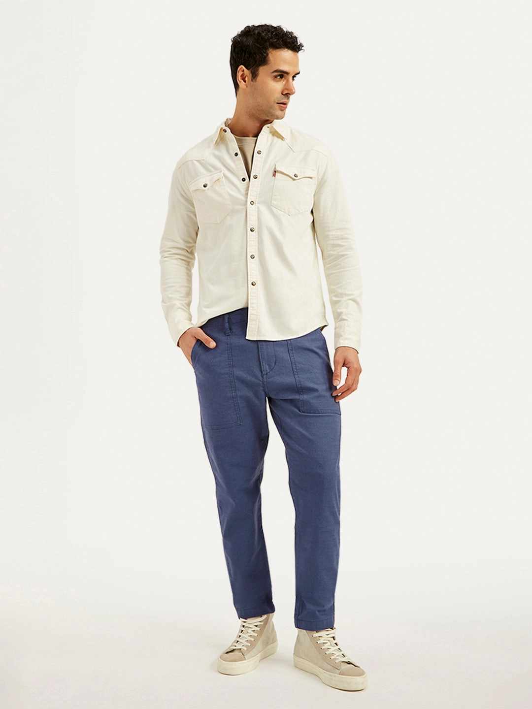 Chilly Weather Fit Men's Blue Slim Tapered Fit Utility Linen Trousers