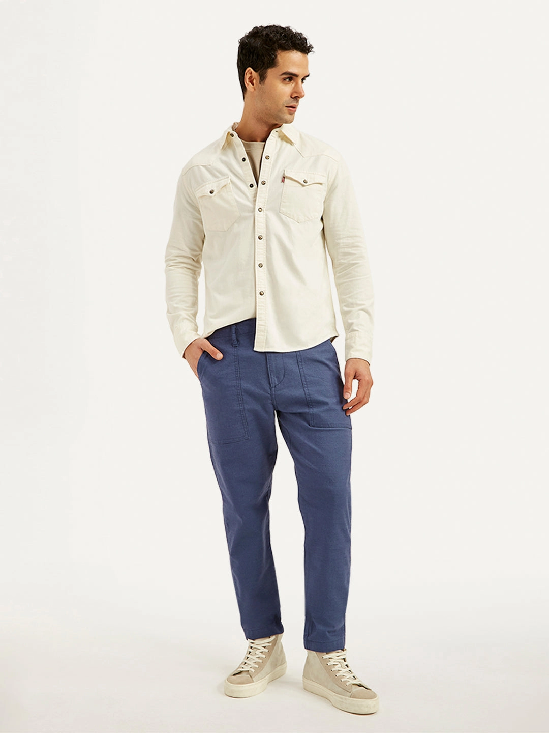 Casual Essentials Men's Blue Slim Tapered Fit Utility Linen Trousers