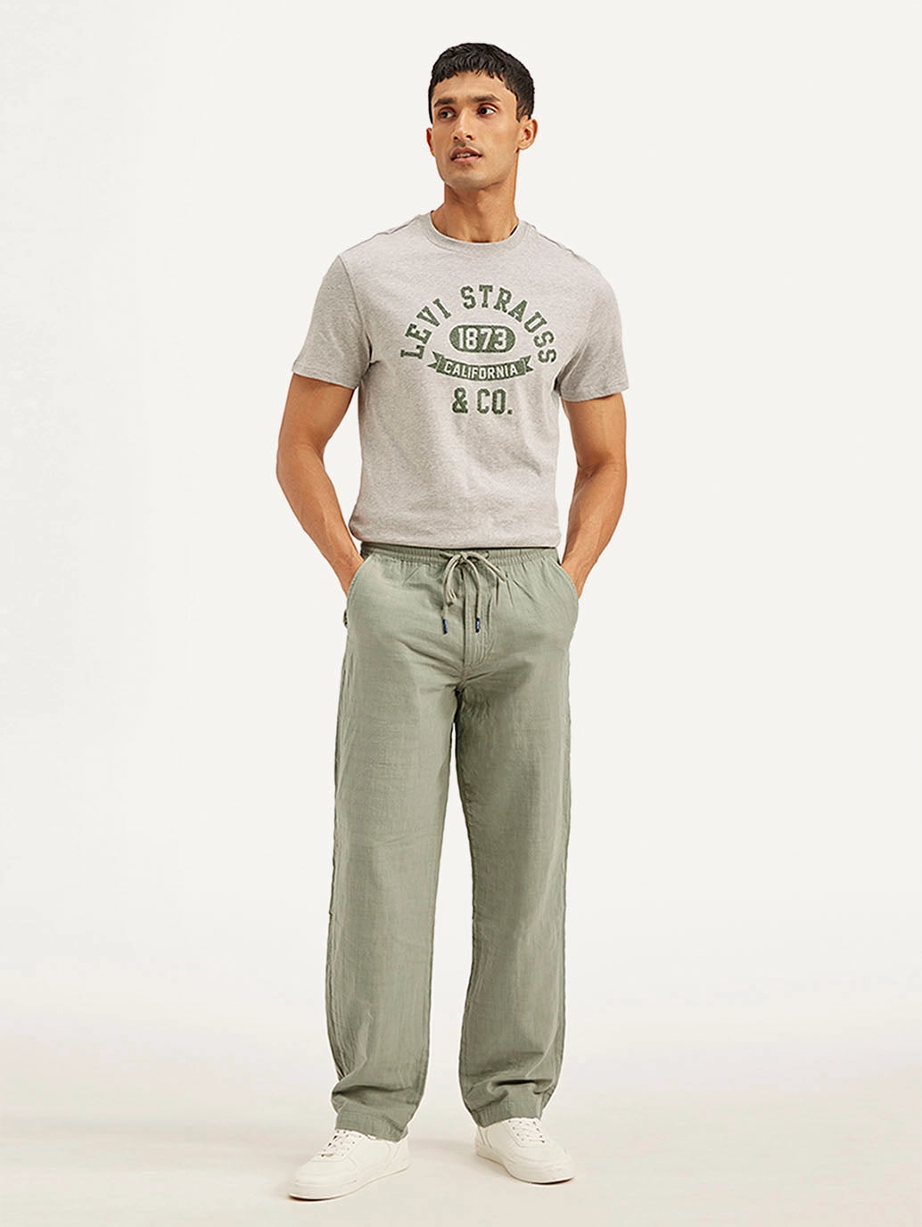 Laser Cut Edges Men's Grey Loose Straight Fit Chino Trousers