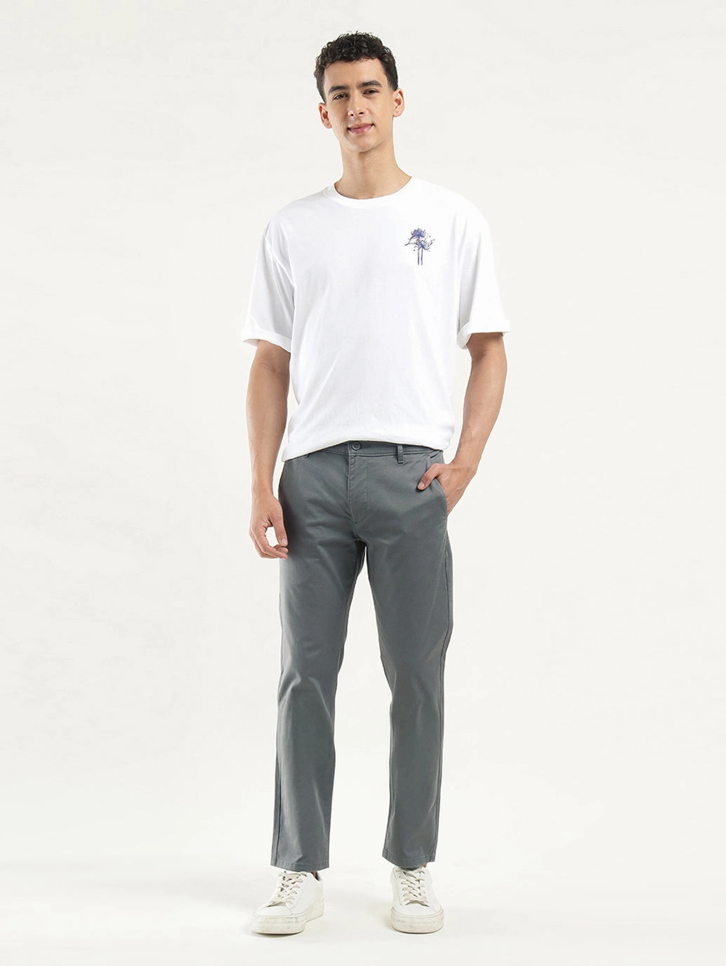 Men's Grey Slim Fit Chinos Casual Layer Fit No Gap Waist