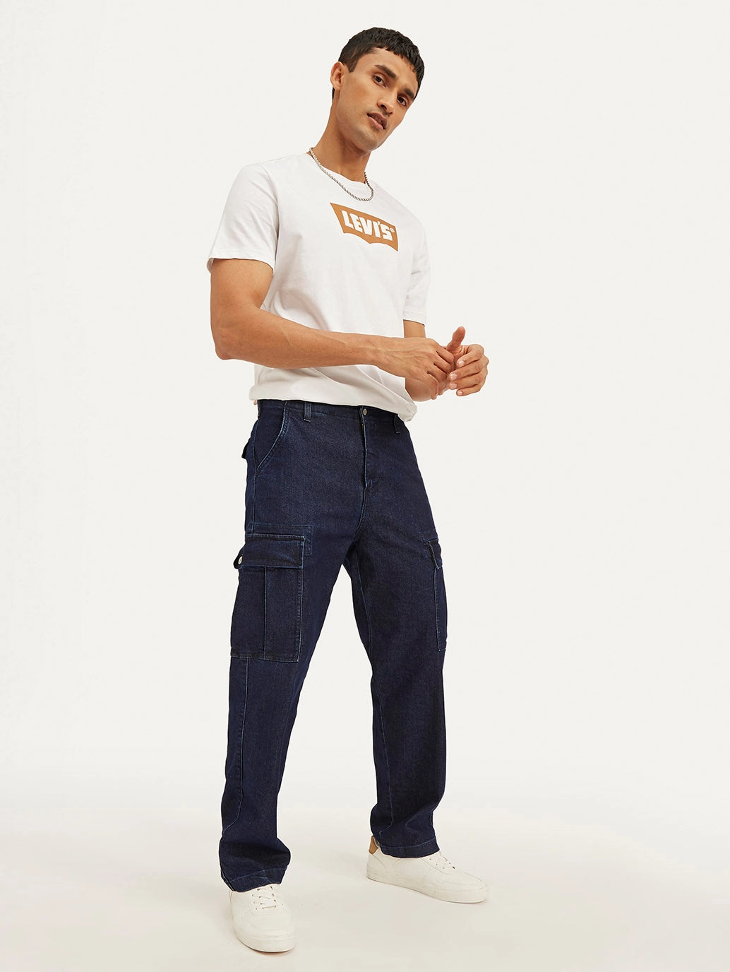 Men's Navy Blue Straight Fit Mid Rise Cargo Jeans Brunch Outfit Trend Setter