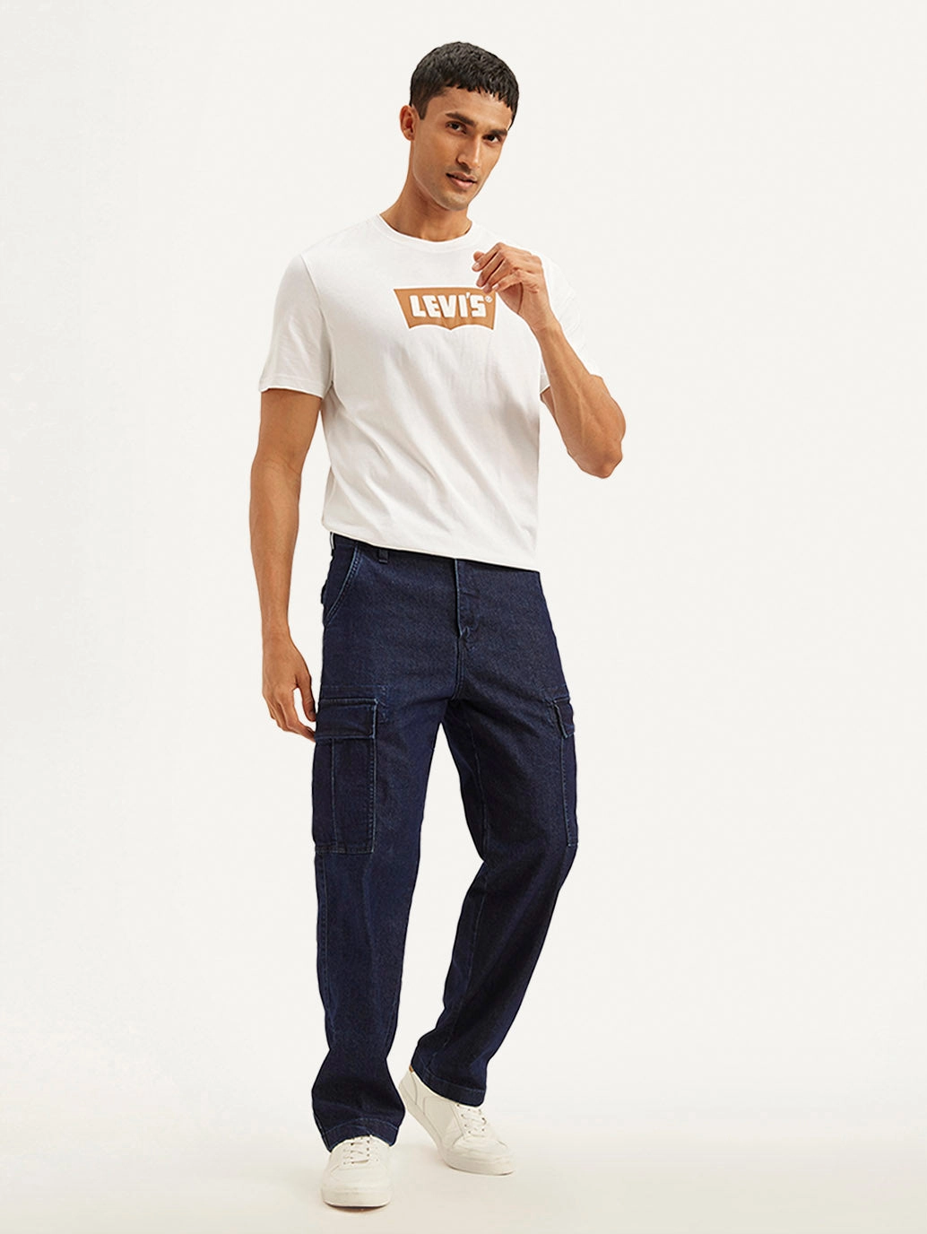 Men's Navy Blue Straight Fit Mid Rise Cargo Jeans Fitted Design