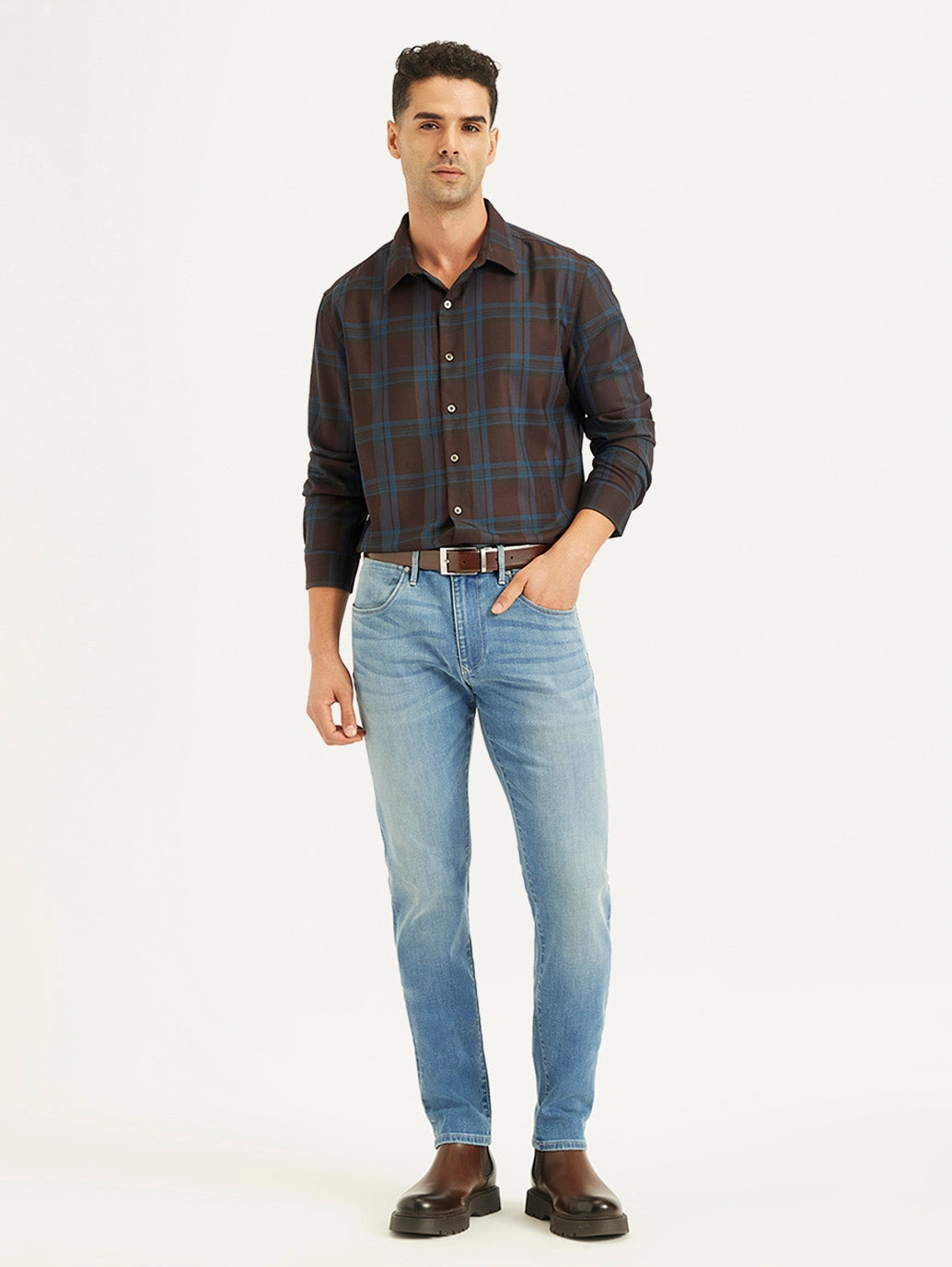 Men's Redloop 512 Blue Slim Tapered Fit Mid Rise Jeans Earthy Rainy Day City Walk Textured Loose Luxury