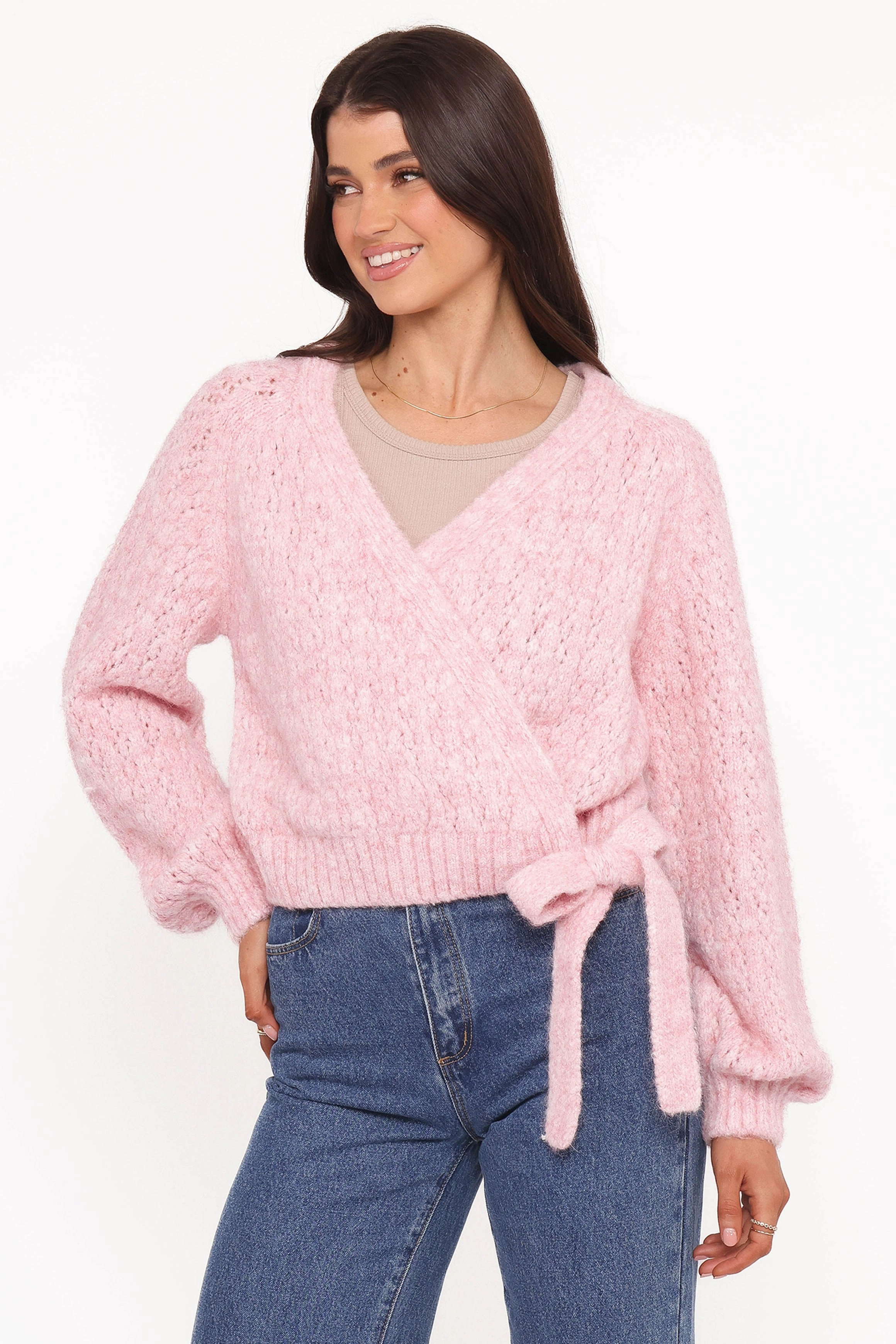 Etta Ballet Wrap Knit Sweater - Pink Interlock Knit Body Eco Dyeing Method