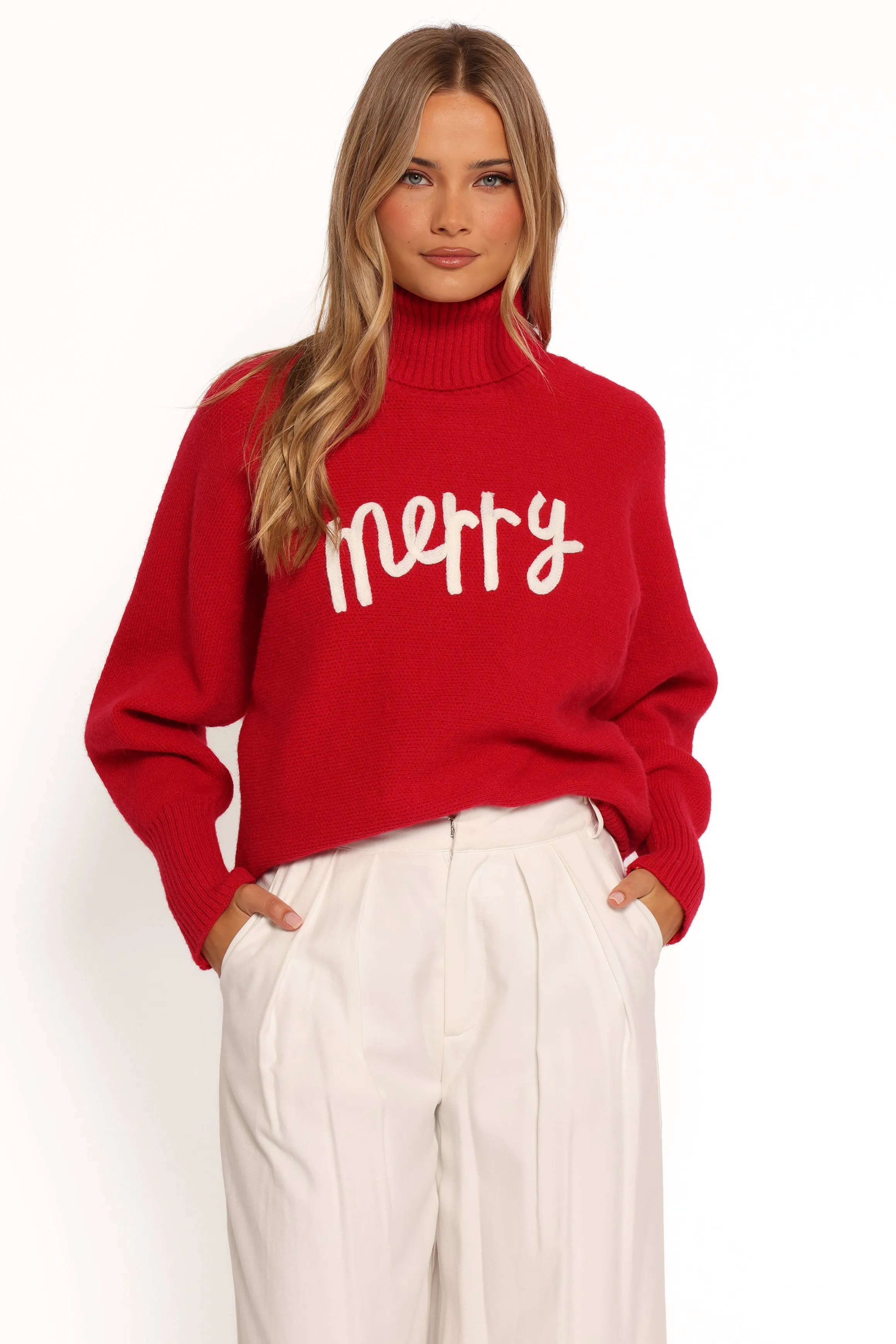 Light Cover Daily Essential Merry Turtleneck Knit Sweater - Red/White