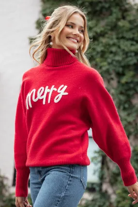 Cozy Fleece Merry Turtleneck Knit Sweater - Red/White