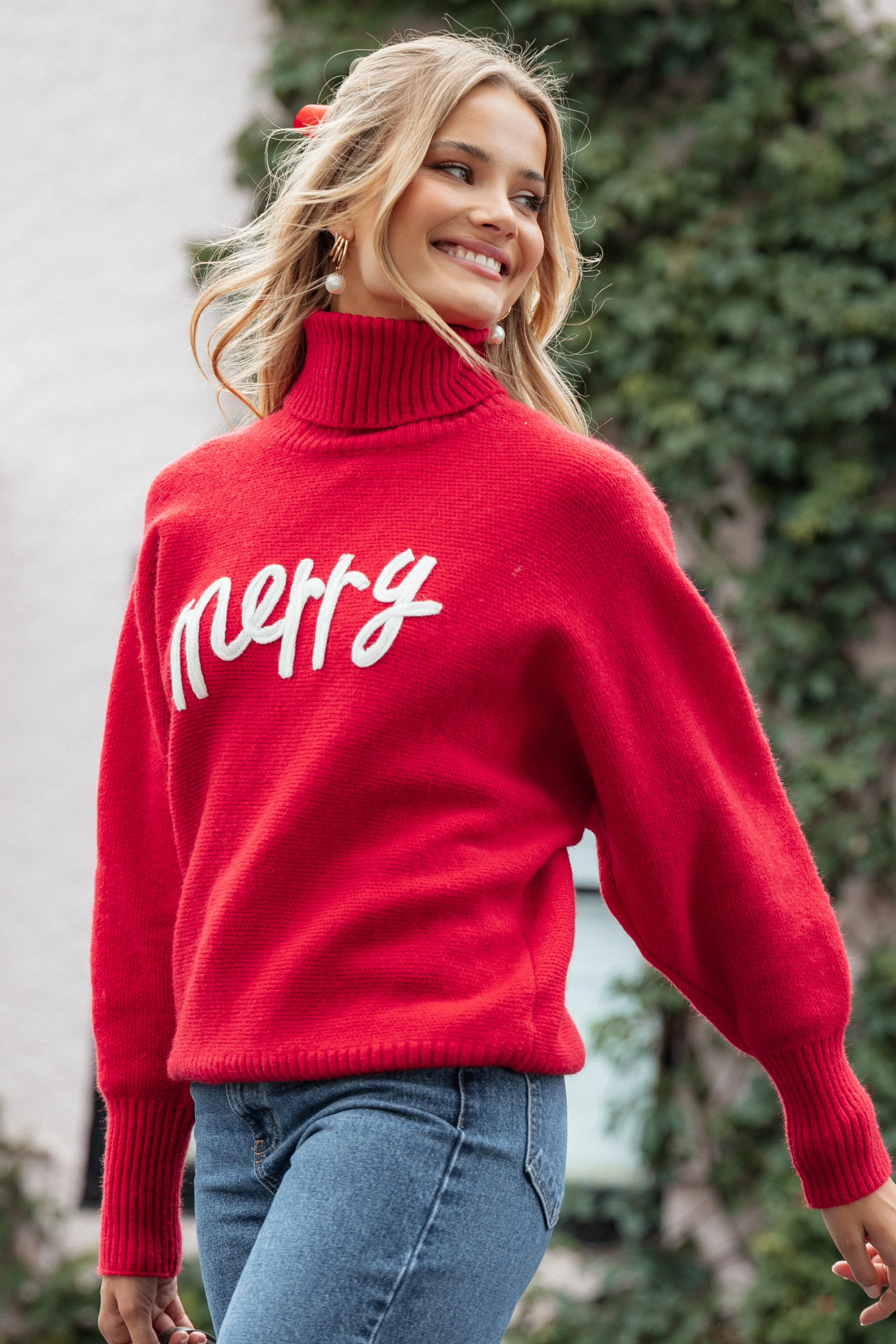 Cozy Fleece Merry Turtleneck Knit Sweater - Red/White