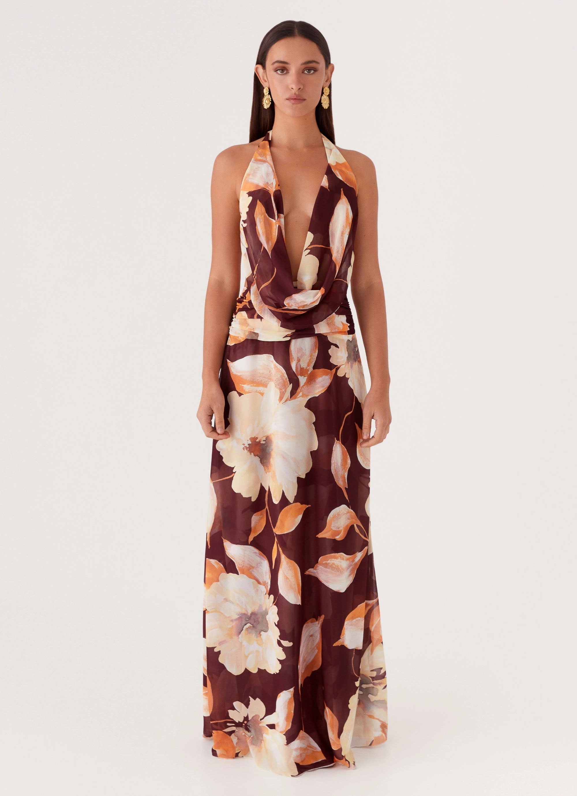 soft look Elysia Chiffon Maxi Dress - Brown Floral