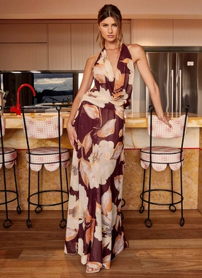 Elysia Chiffon Maxi Dress - Brown Floral Calm Finish Vibrant Spirit