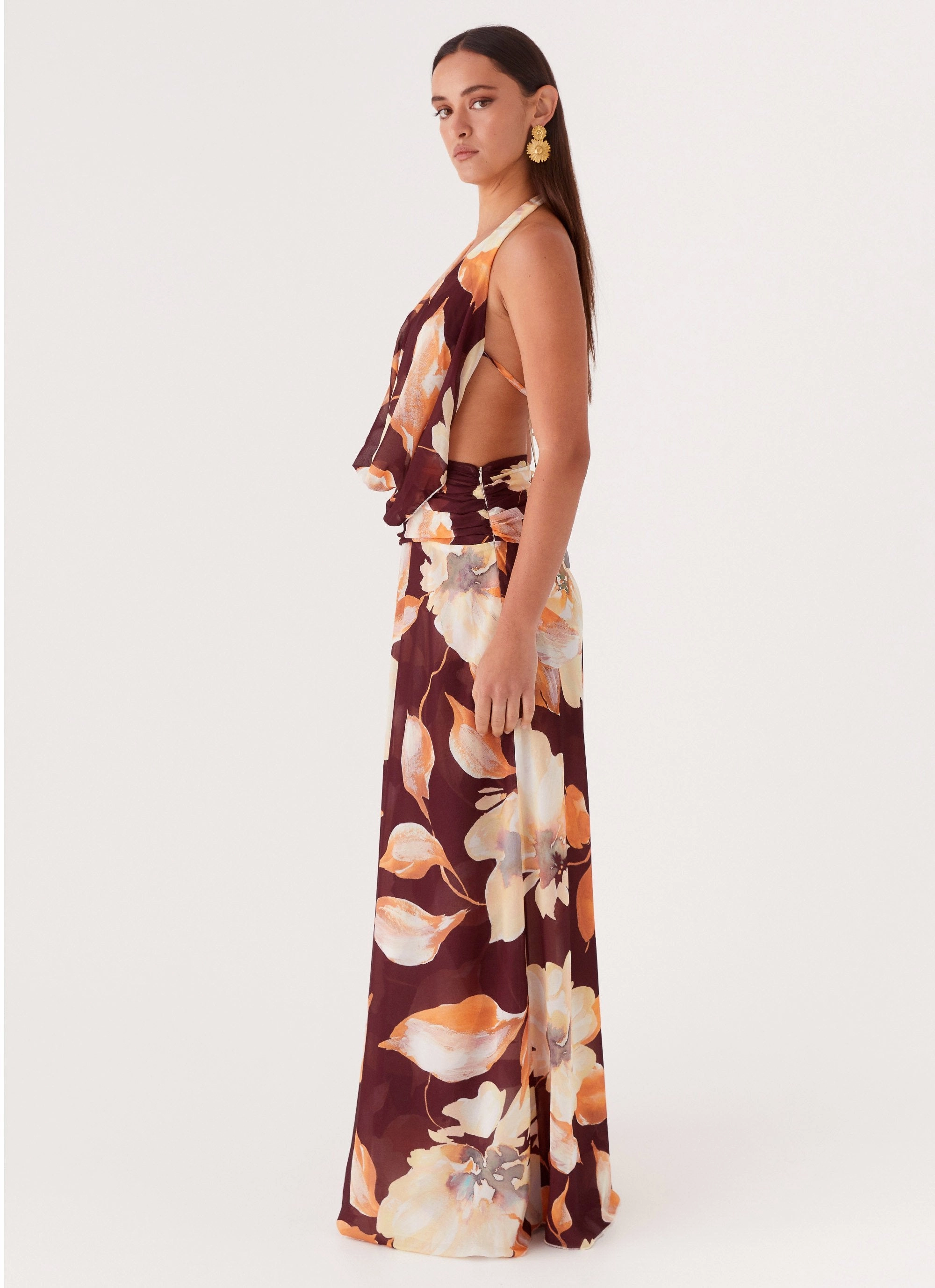 Elysia Chiffon Maxi Dress - Brown Floral Lightweight-Lining Comfortable shift dress