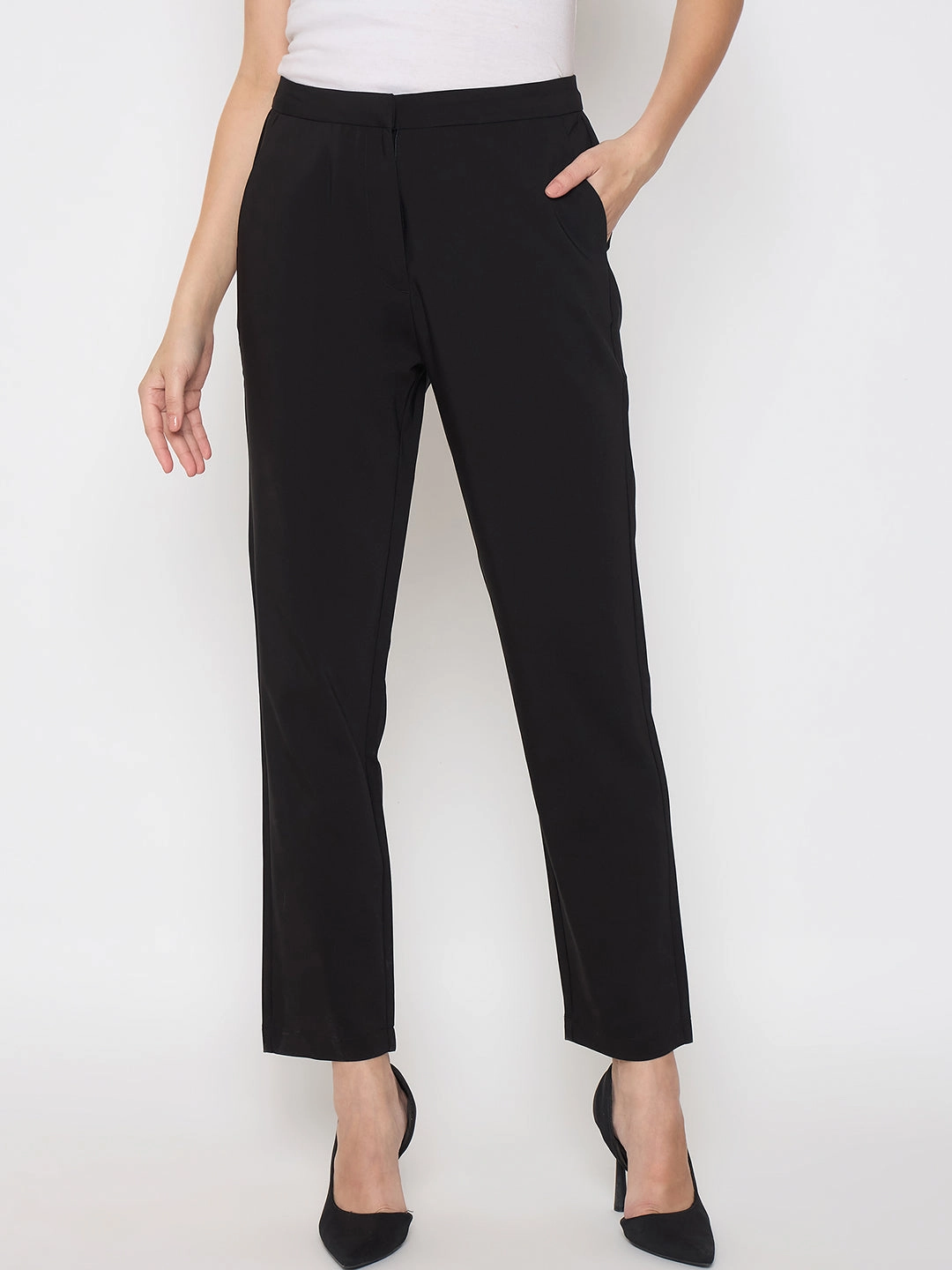 Eco Friendly Dye Madame Alex Waist Belt Detail Solid Black Trousers