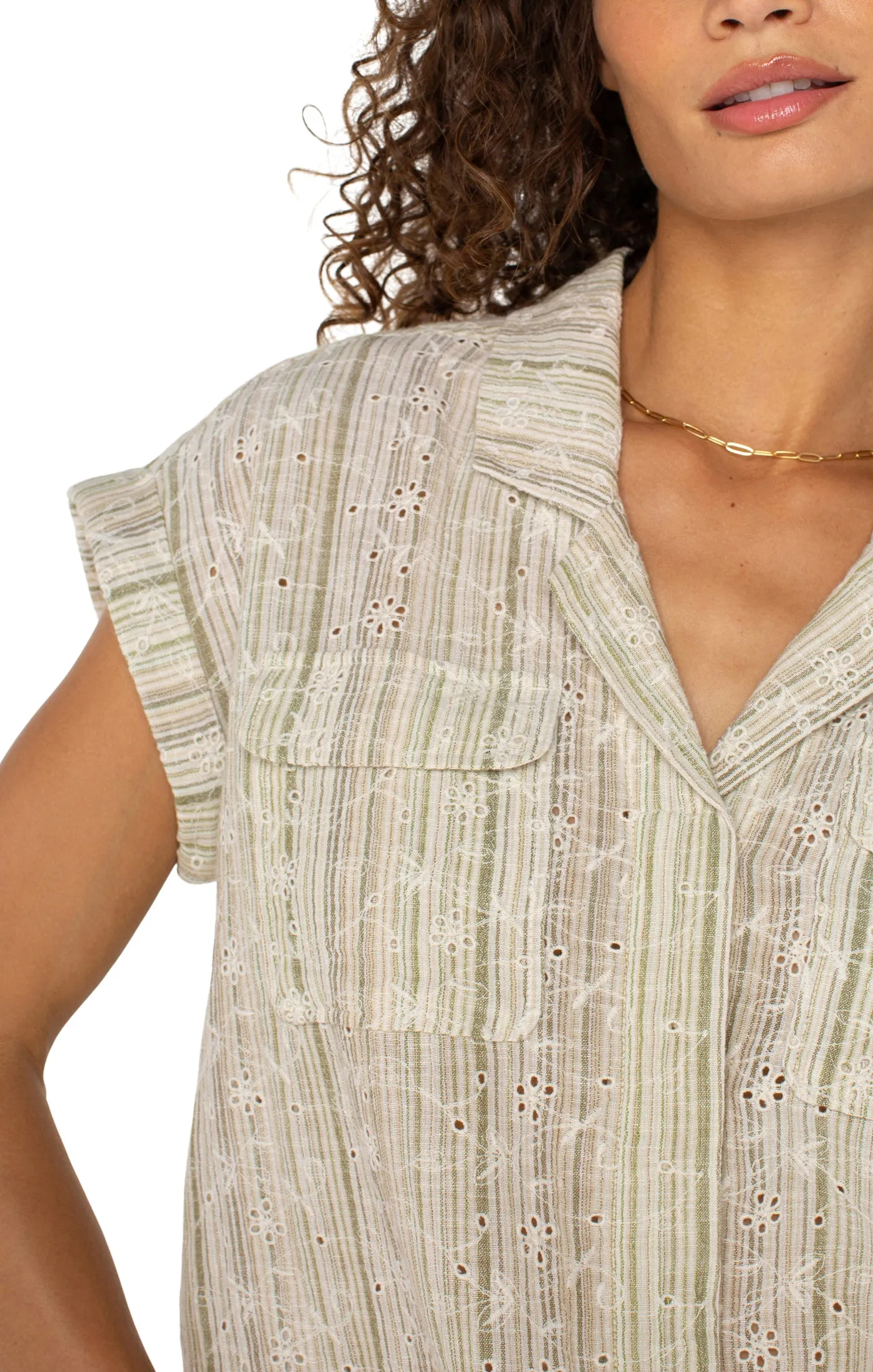 MicrofiberBlend Dolman Camp Shirt w/ Hidden Placket | Green/Tan Stripe Comfy Comfort