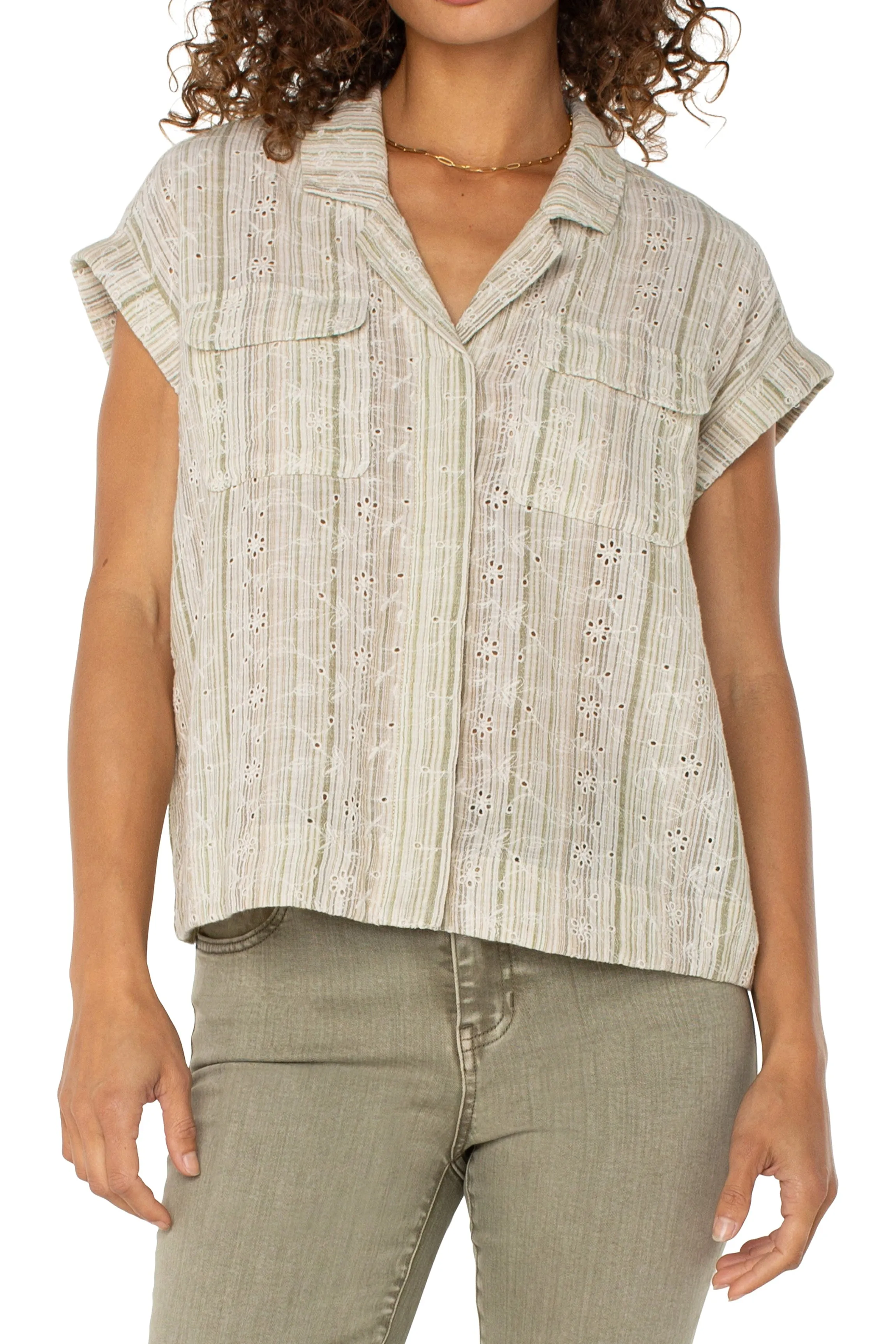 MicrofiberBlend Dolman Camp Shirt w/ Hidden Placket | Green/Tan Stripe Award-winning Fit for All Seasons