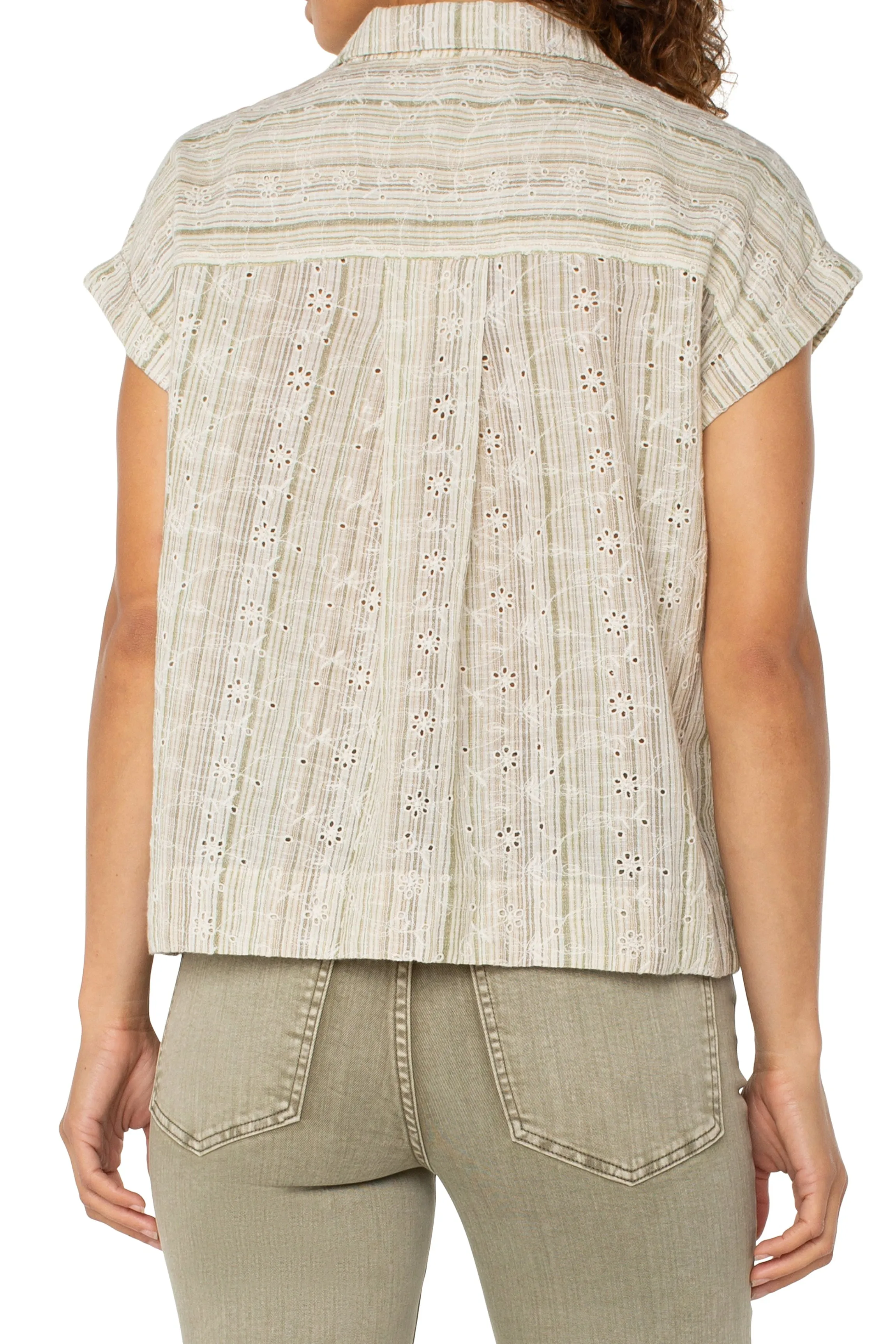 Adult sophistication MicrofiberBlend Dolman Camp Shirt w/ Hidden Placket | Green/Tan Stripe