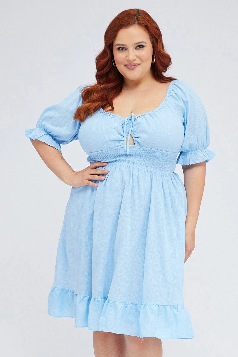 Layered Texture Mid Blue Short Puff Sleeve Peephole Blue Skater Dress