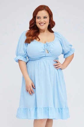 Skin Glow Effortless Layer Wear Mid Blue Short Puff Sleeve Peephole Blue Skater Dress