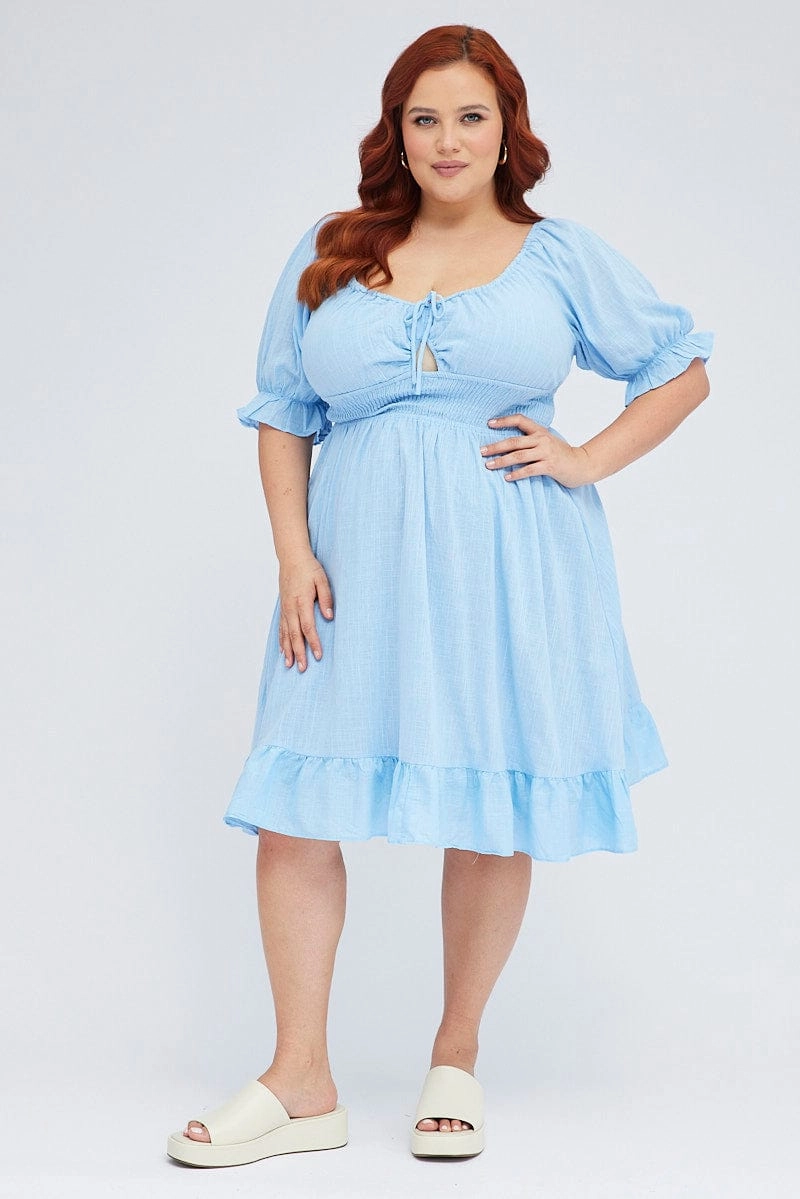 Seasonal Fit Sleek Waist Mid Blue Short Puff Sleeve Peephole Blue Skater Dress