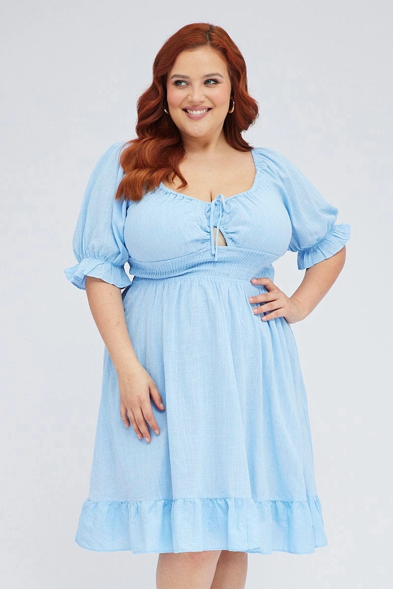 Skin Glow Effortless Layer Wear Mid Blue Short Puff Sleeve Peephole Blue Skater Dress