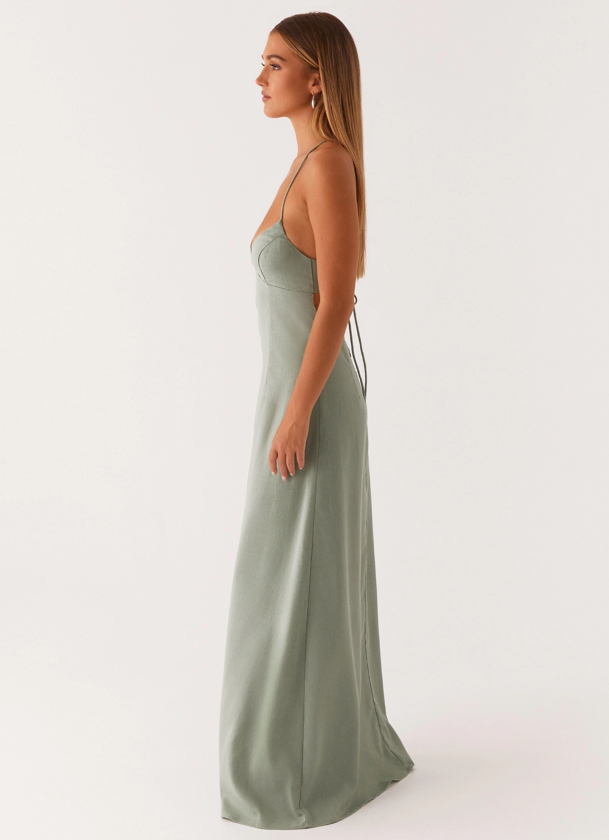 Middle Ground Linen Maxi Dress - Sage Lined interior