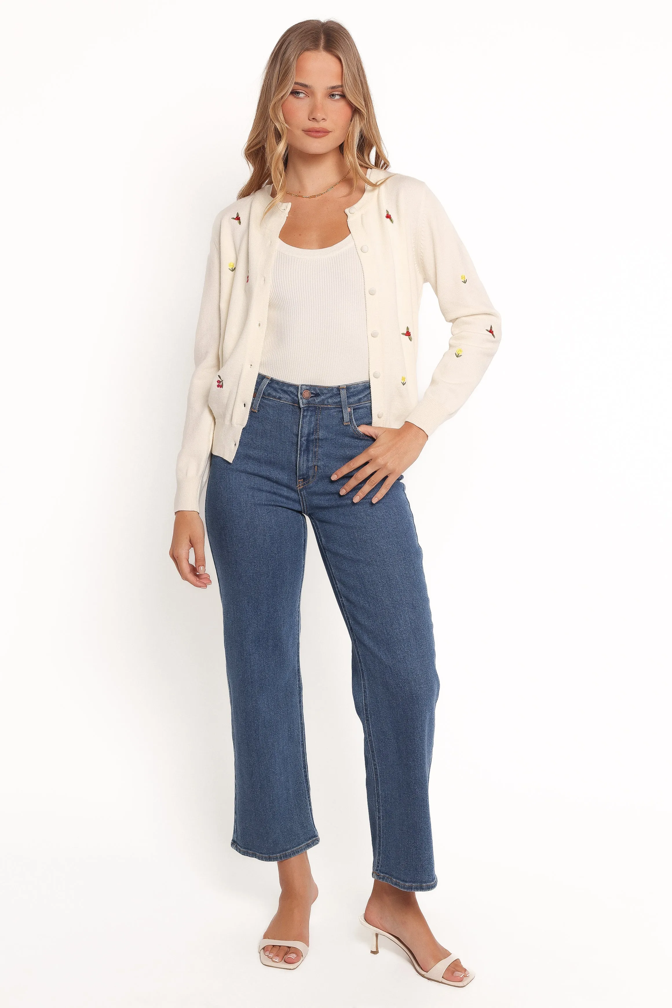 Millen Flower Embroidery Cardigan - Cream Day Wear DoubleLayered Hem Technology