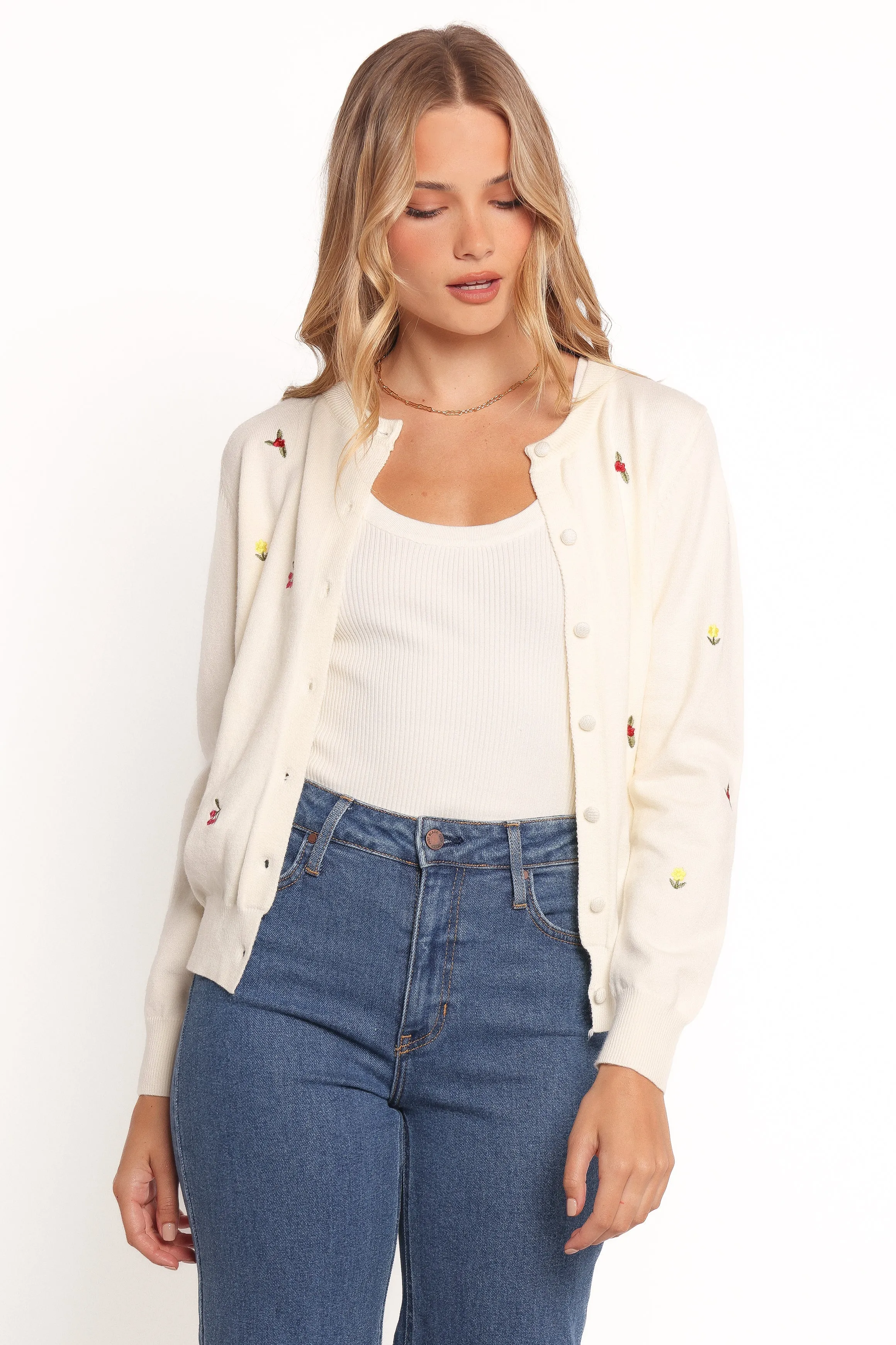 Millen Flower Embroidery Cardigan - Cream Merino Wool Blend Unstructured Fit